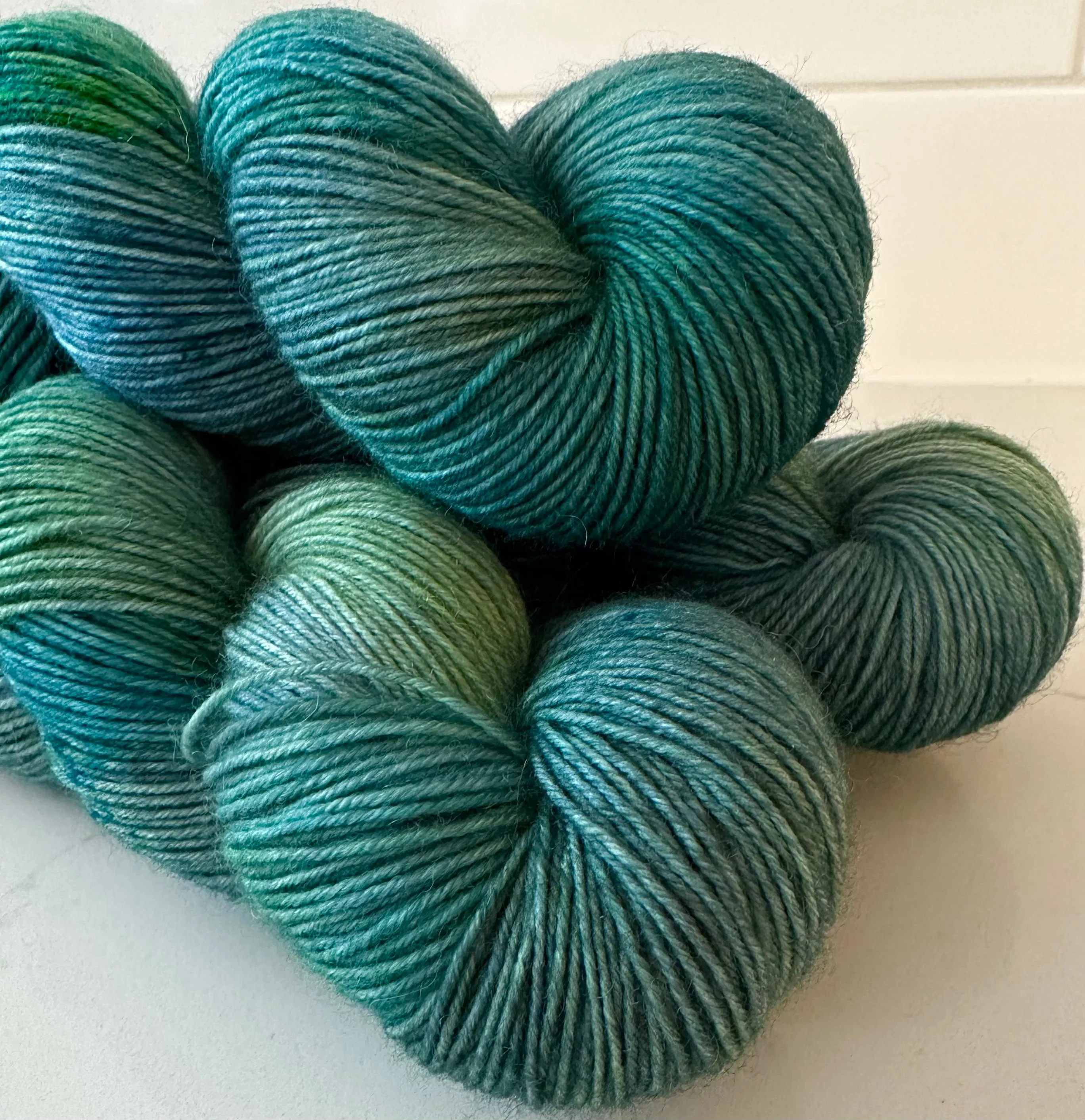 Hand Dyed Yarn "If a Teal Falls in the Forest…" Teal Green Blue Spruce Navy Chartreuse Bluefaced Leicester Fingering Superwash 438yds 100g