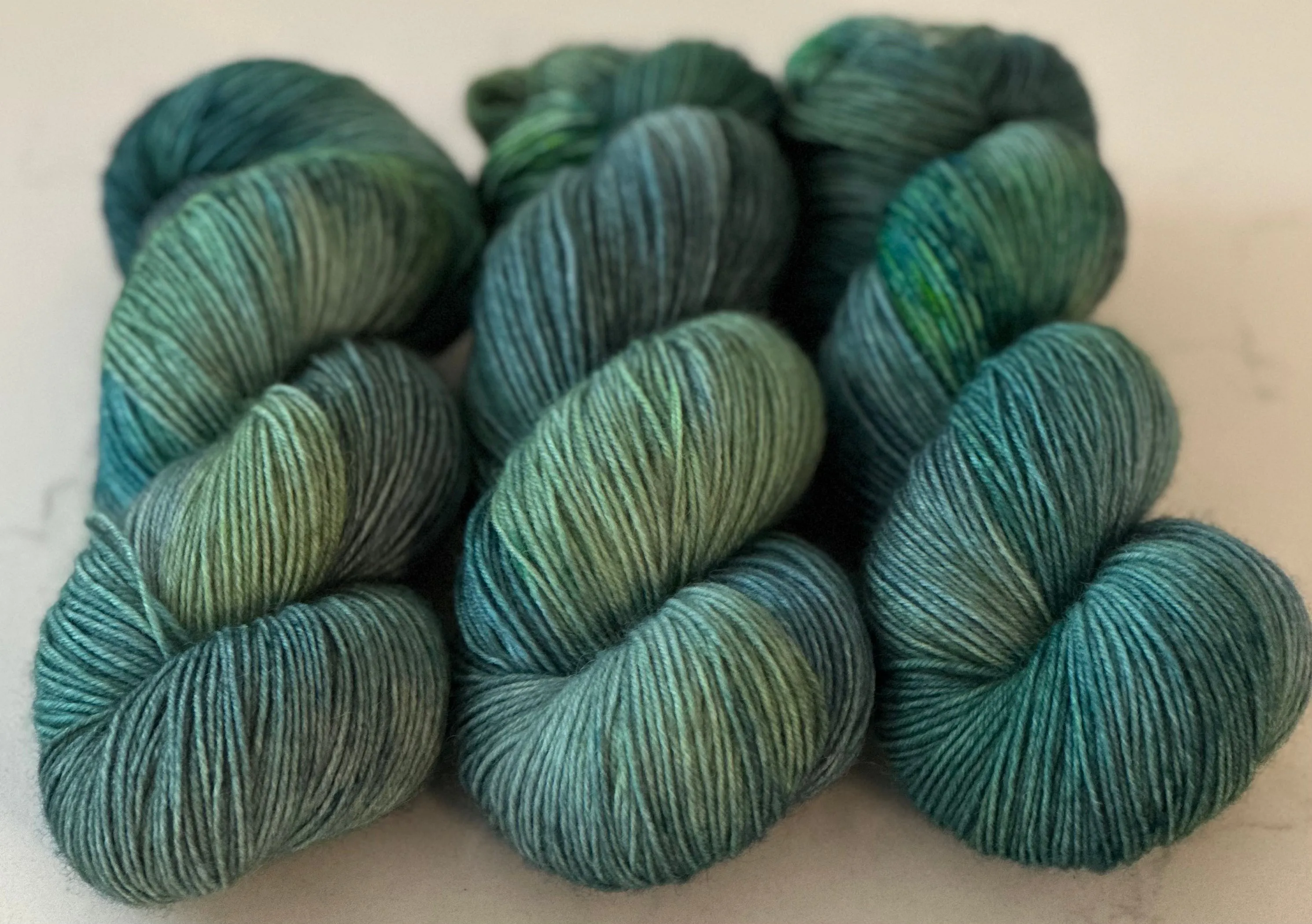 Hand Dyed Yarn "If a Teal Falls in the Forest…" Teal Green Blue Spruce Navy Chartreuse Bluefaced Leicester Fingering Superwash 438yds 100g