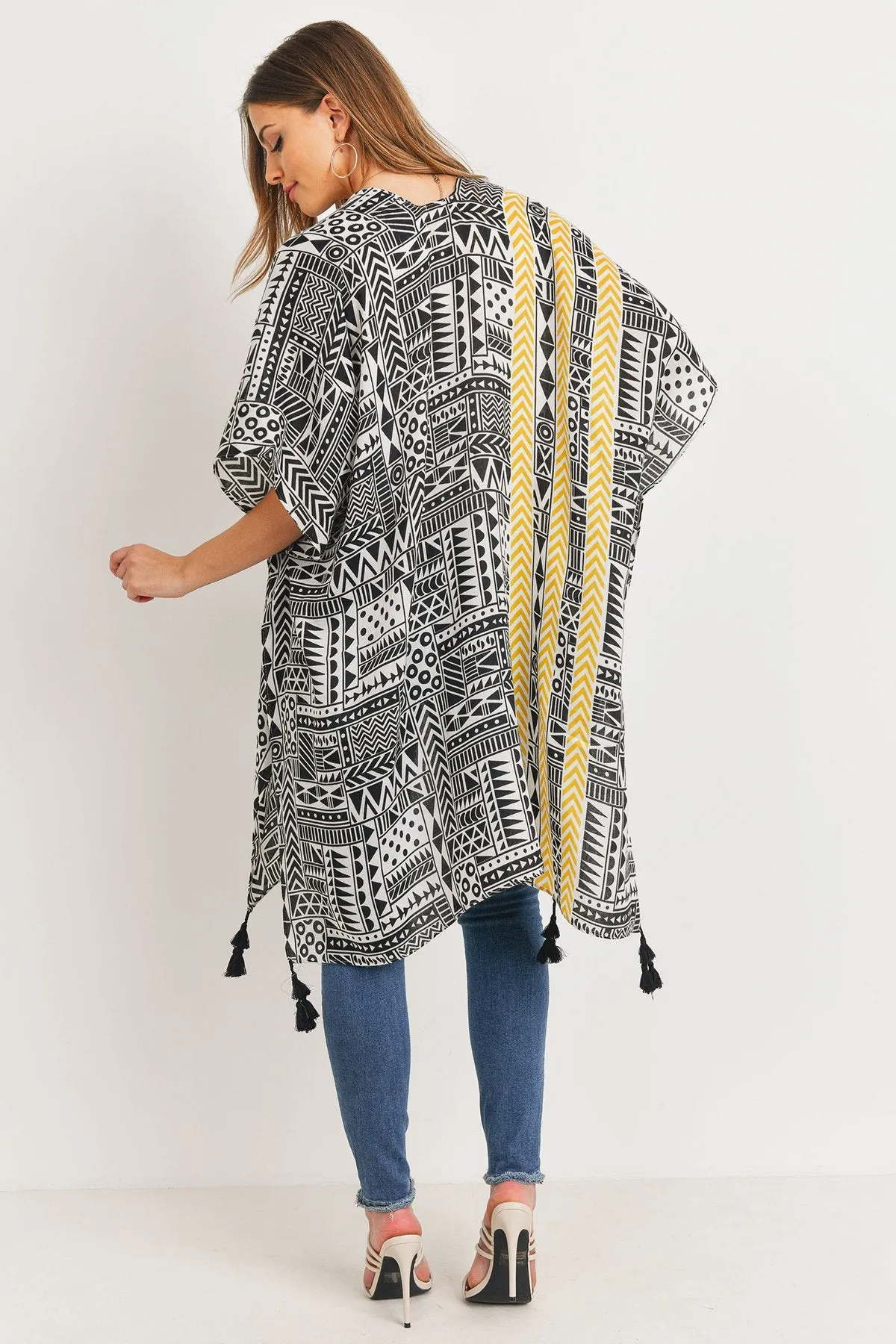 Hdf3162 - Tribal Pattern Print Tasseled Open Front Kimono