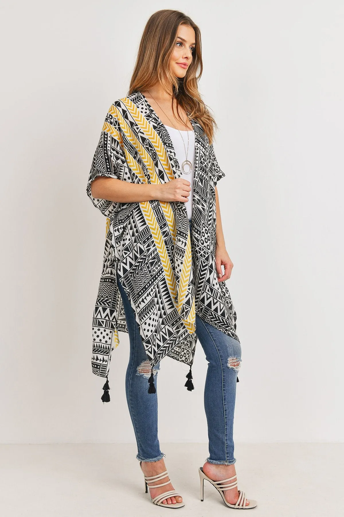 Hdf3162 - Tribal Pattern Print Tasseled Open Front Kimono