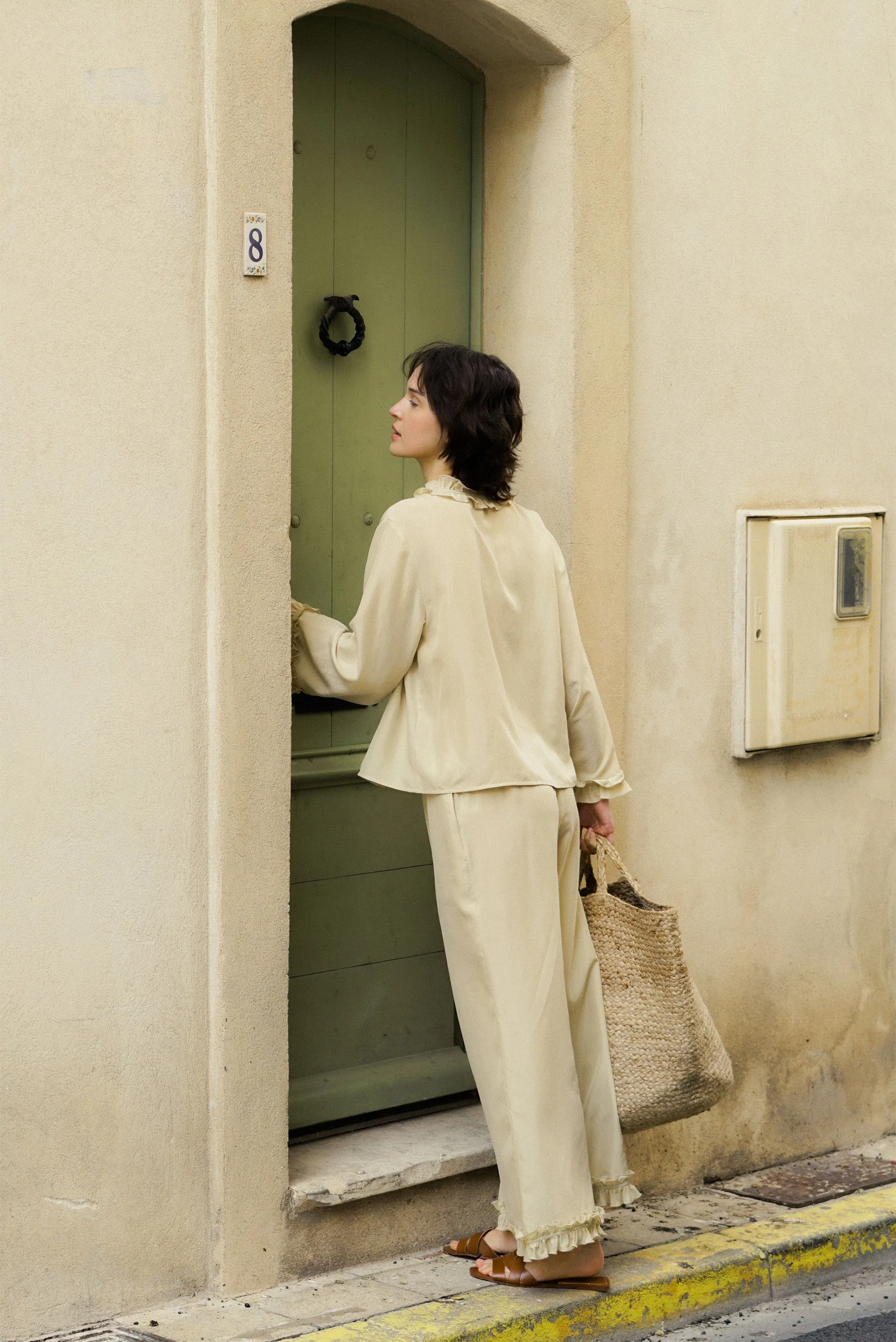 Holiday in Arles | Sandwashed Matte Silk Lace Long Pajama Set - Lavender