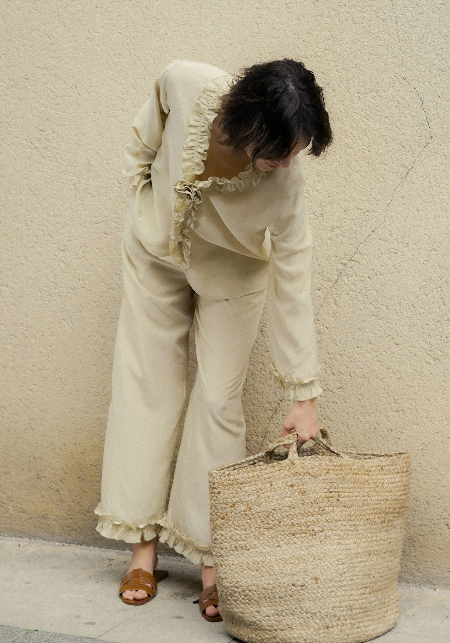 Holiday in Arles | Sandwashed Matte Silk Lace Long Pajama Set - Lavender