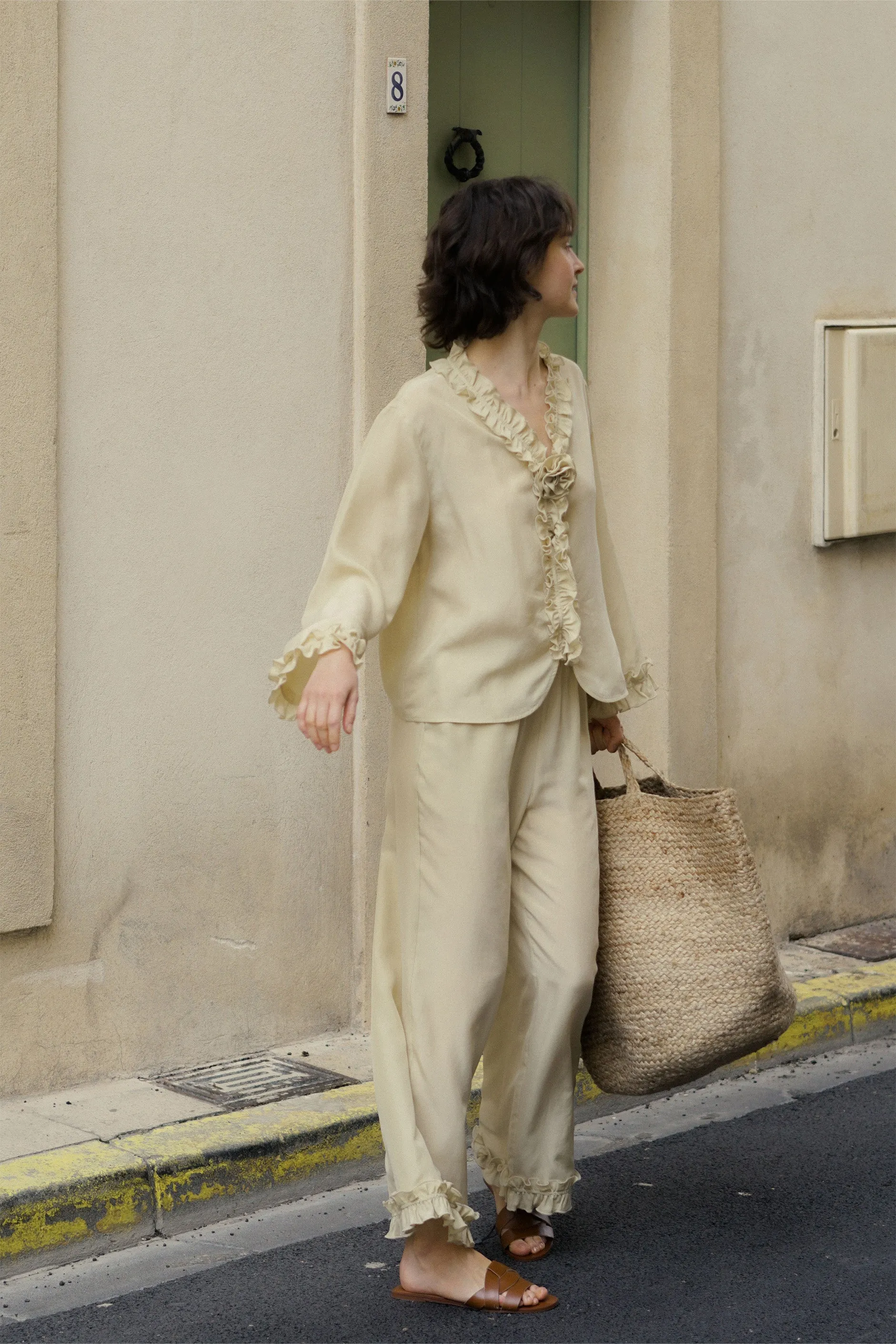 Holiday in Arles | Sandwashed Matte Silk Lace Long Pajama Set - Lavender
