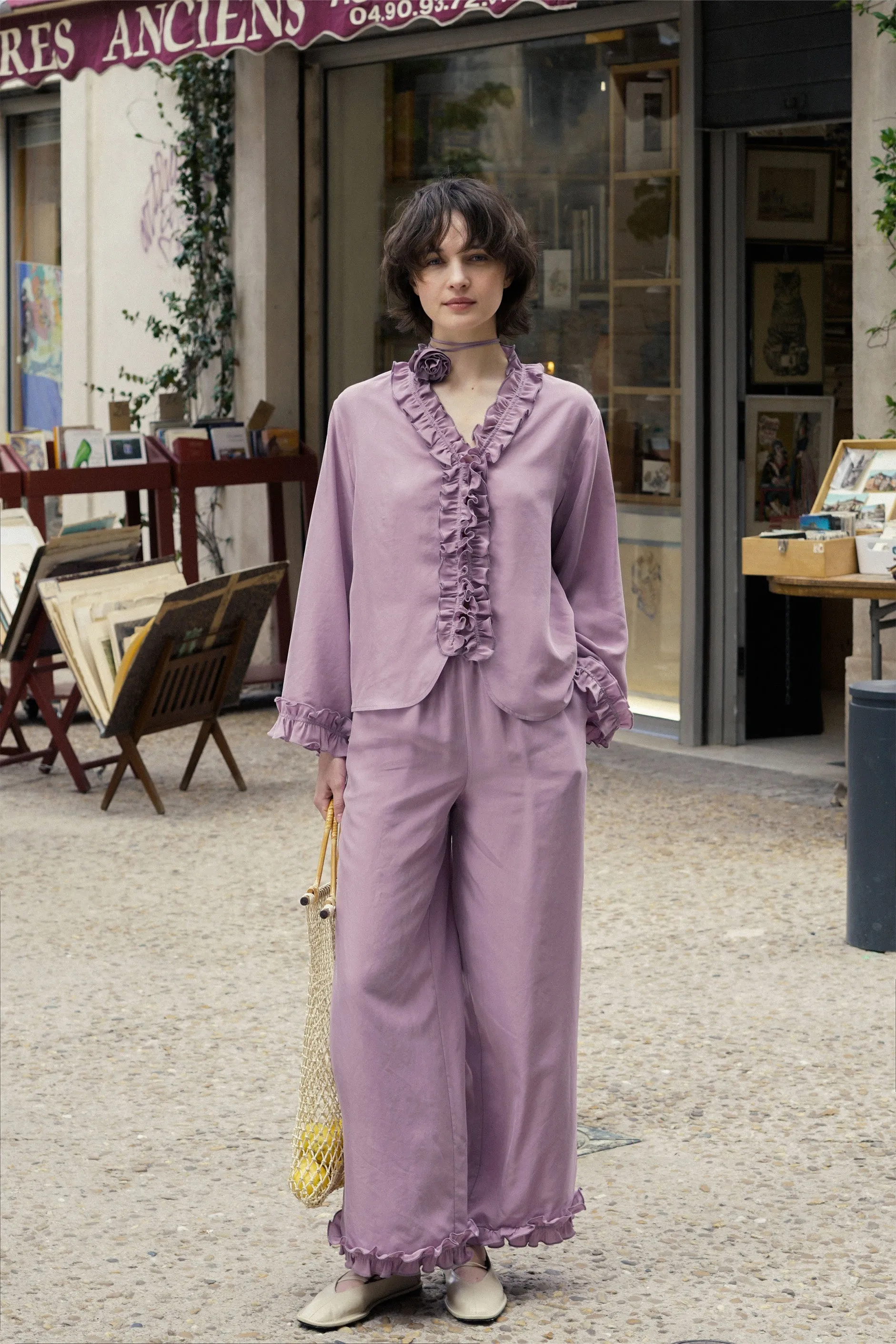 Holiday in Arles | Sandwashed Matte Silk Lace Long Pajama Set - Lavender