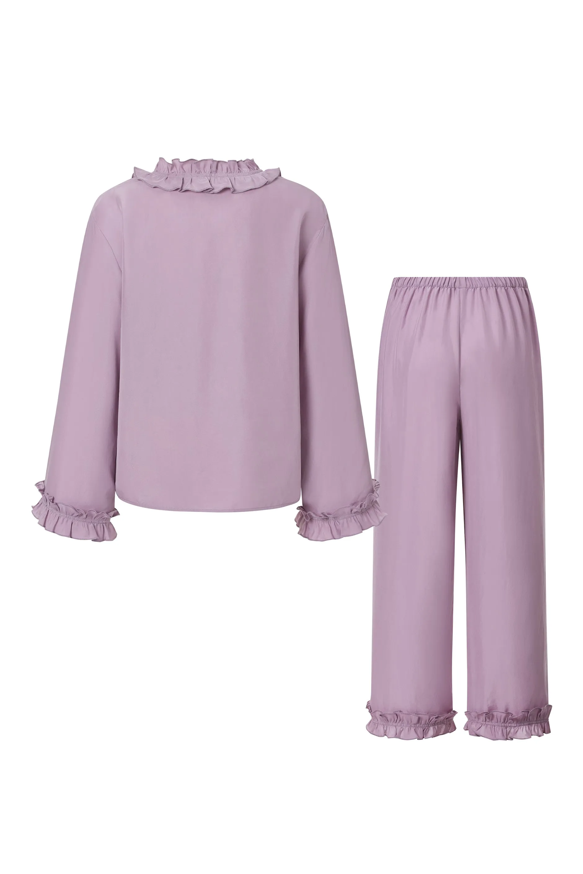 Holiday in Arles | Sandwashed Matte Silk Lace Long Pajama Set - Lavender