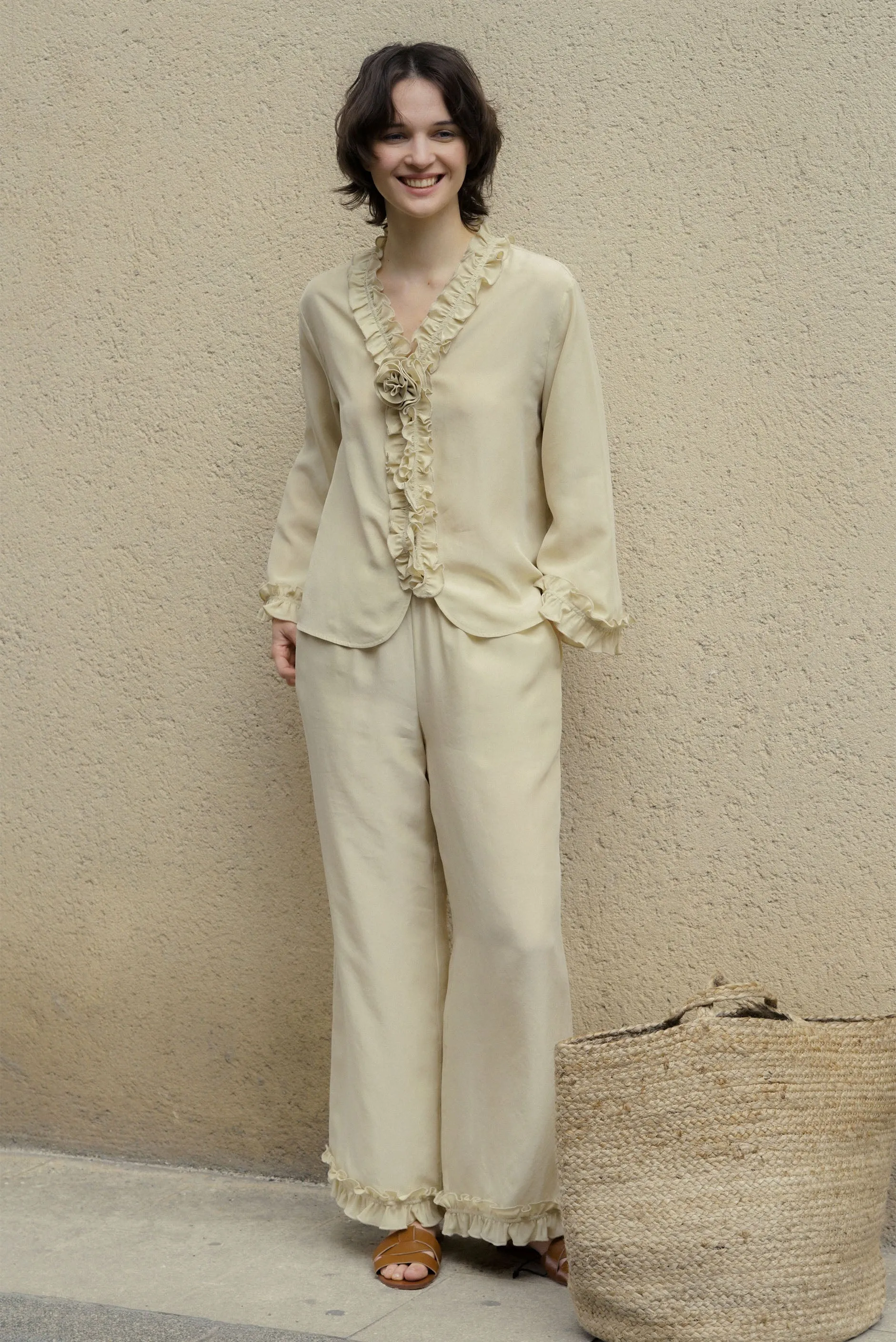 Holiday in Arles | Sandwashed Matte Silk Lace Long Pajama Set - Lavender