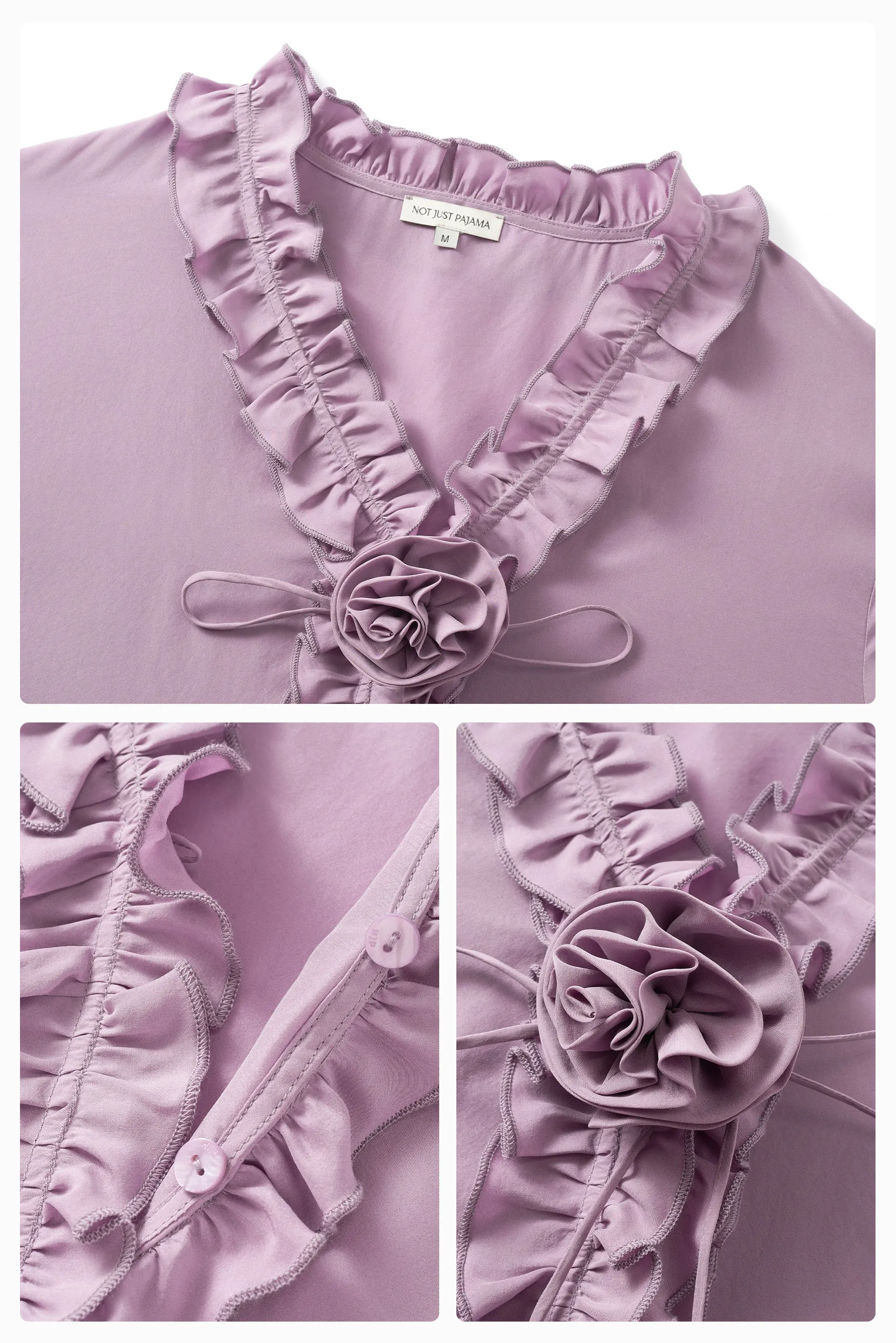 Holiday in Arles | Sandwashed Matte Silk Lace Long Pajama Set - Lavender