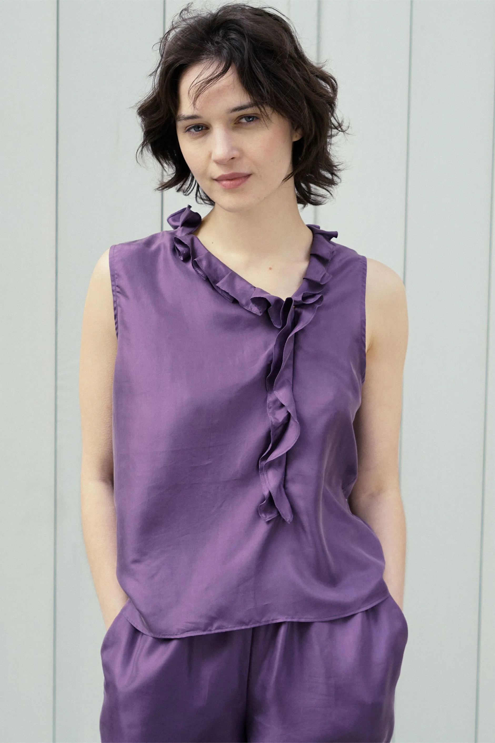 Holiday in Arles | Sandwashed Matte Silk Lace Long Pajama Set - Olive Green