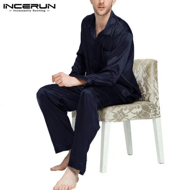 INCERUN Men Pajamas Set Silk Satin Soft Long Sleeve Sleepwear Suit Solid Color Homewear Comfortable Leisure Nightgown Set 2019