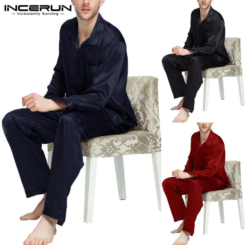 INCERUN Men Pajamas Set Silk Satin Soft Long Sleeve Sleepwear Suit Solid Color Homewear Comfortable Leisure Nightgown Set 2019