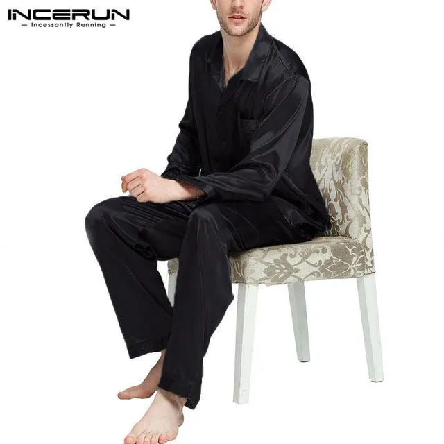 INCERUN Men Pajamas Set Silk Satin Soft Long Sleeve Sleepwear Suit Solid Color Homewear Comfortable Leisure Nightgown Set 2019