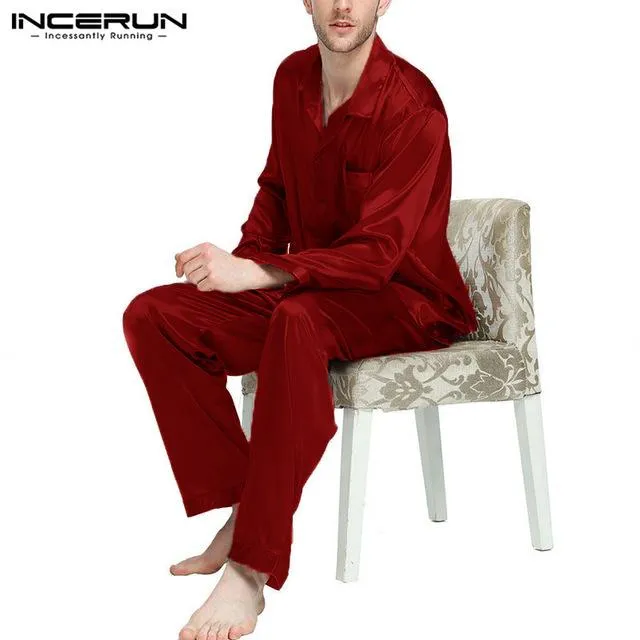 INCERUN Men Pajamas Set Silk Satin Soft Long Sleeve Sleepwear Suit Solid Color Homewear Comfortable Leisure Nightgown Set 2019