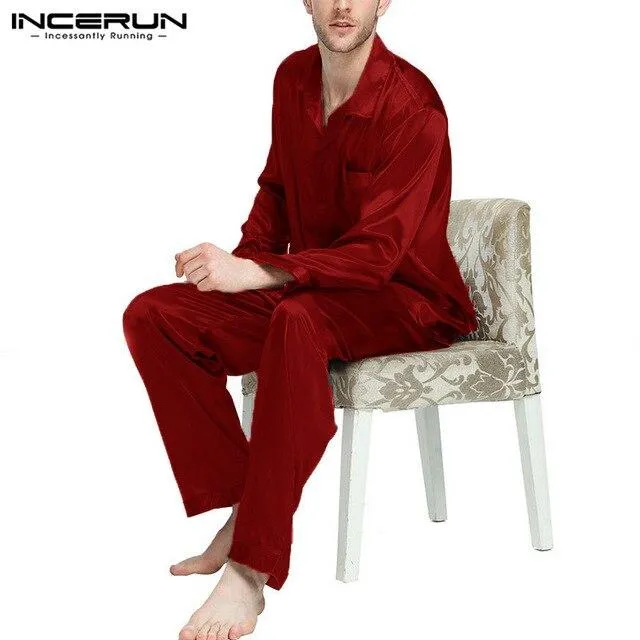 INCERUN Silk Satin Men Pajamas Set Soft Solid Homewear Long Sleeve Pants 2 Pieces Sleepwear Comfy Leisure Nightgown Set Pyjamas