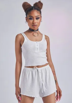 Ivory Lazy Off Day Ruffle Trim Tank Short Knit Set