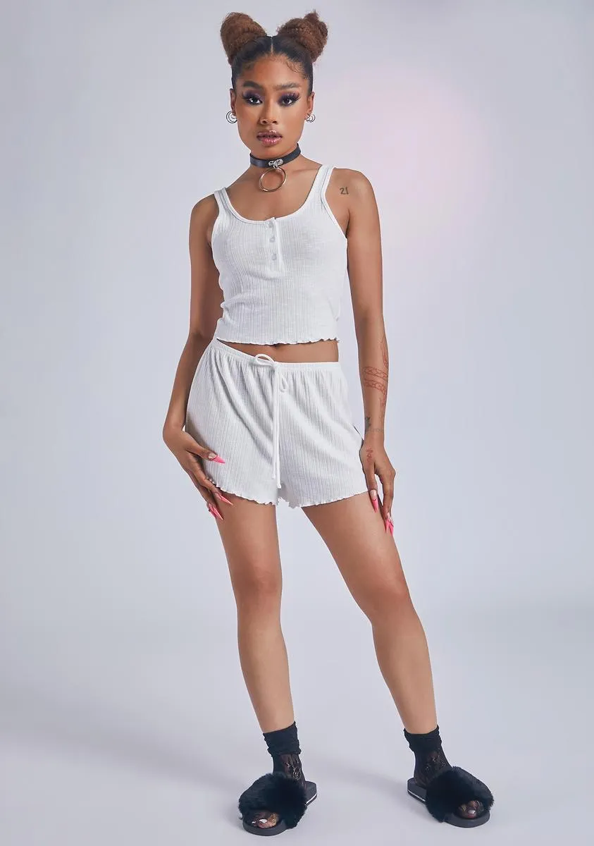 Ivory Lazy Off Day Ruffle Trim Tank Short Knit Set
