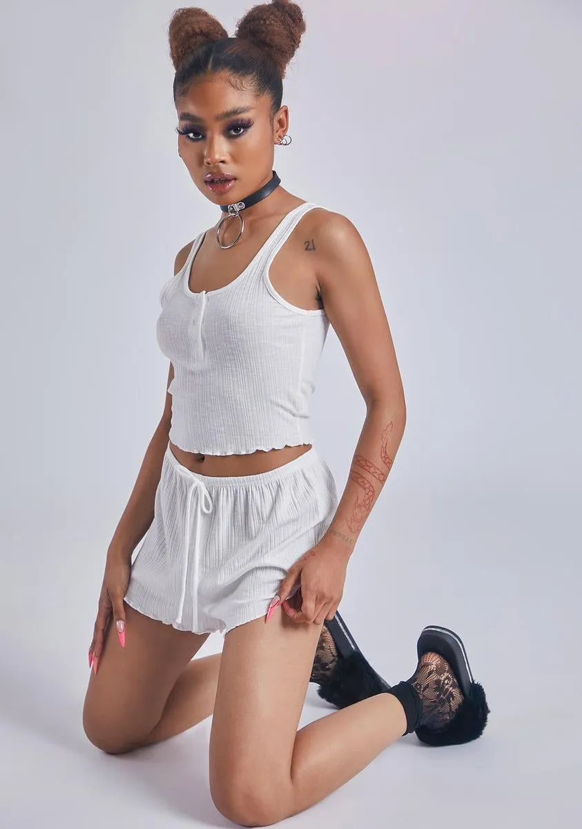 Ivory Lazy Off Day Ruffle Trim Tank Short Knit Set