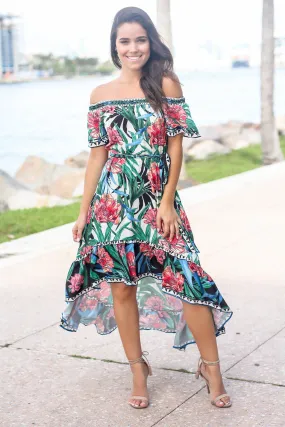 Ivory Printed Off Shoulder High Low Dress