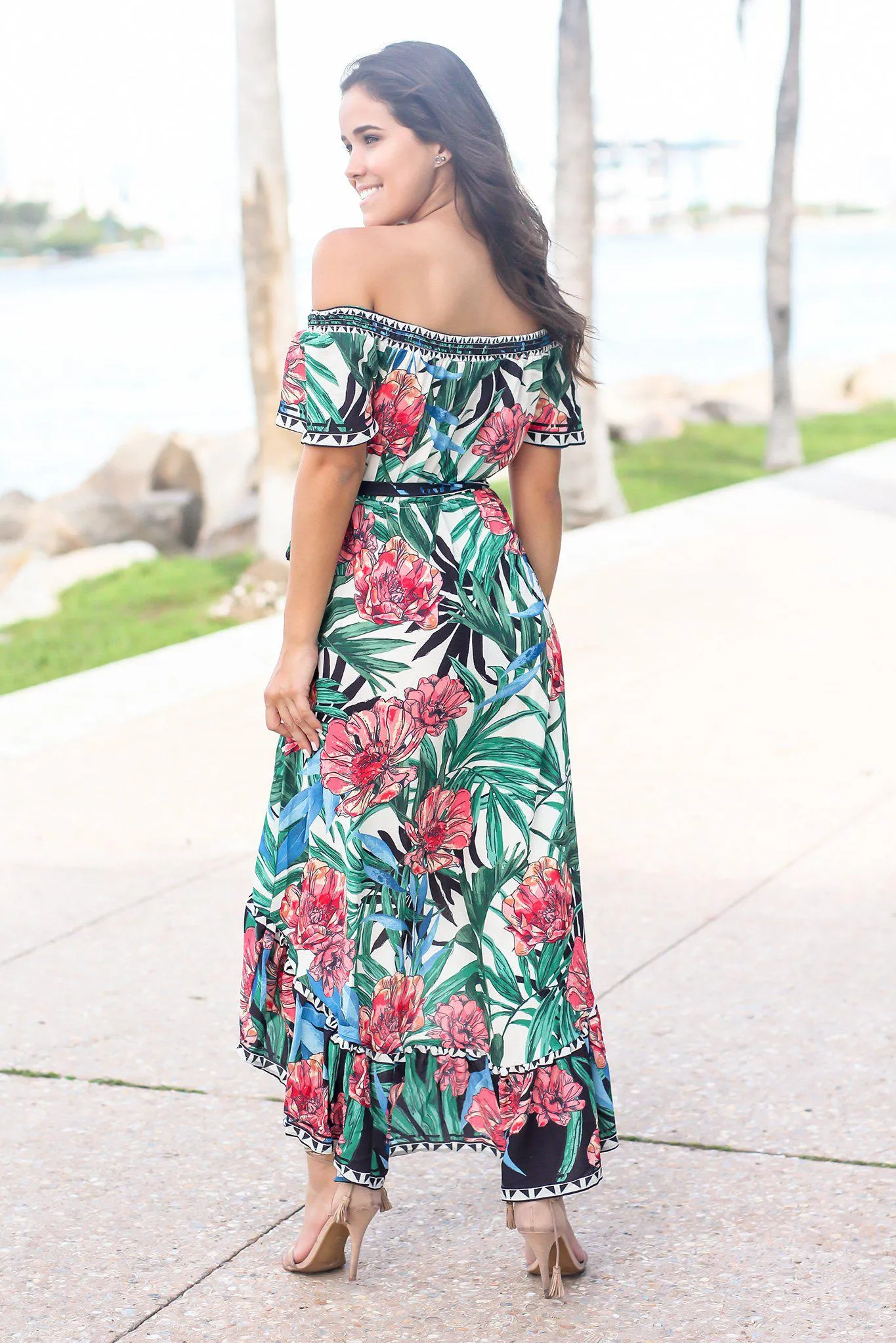 Ivory Printed Off Shoulder High Low Dress