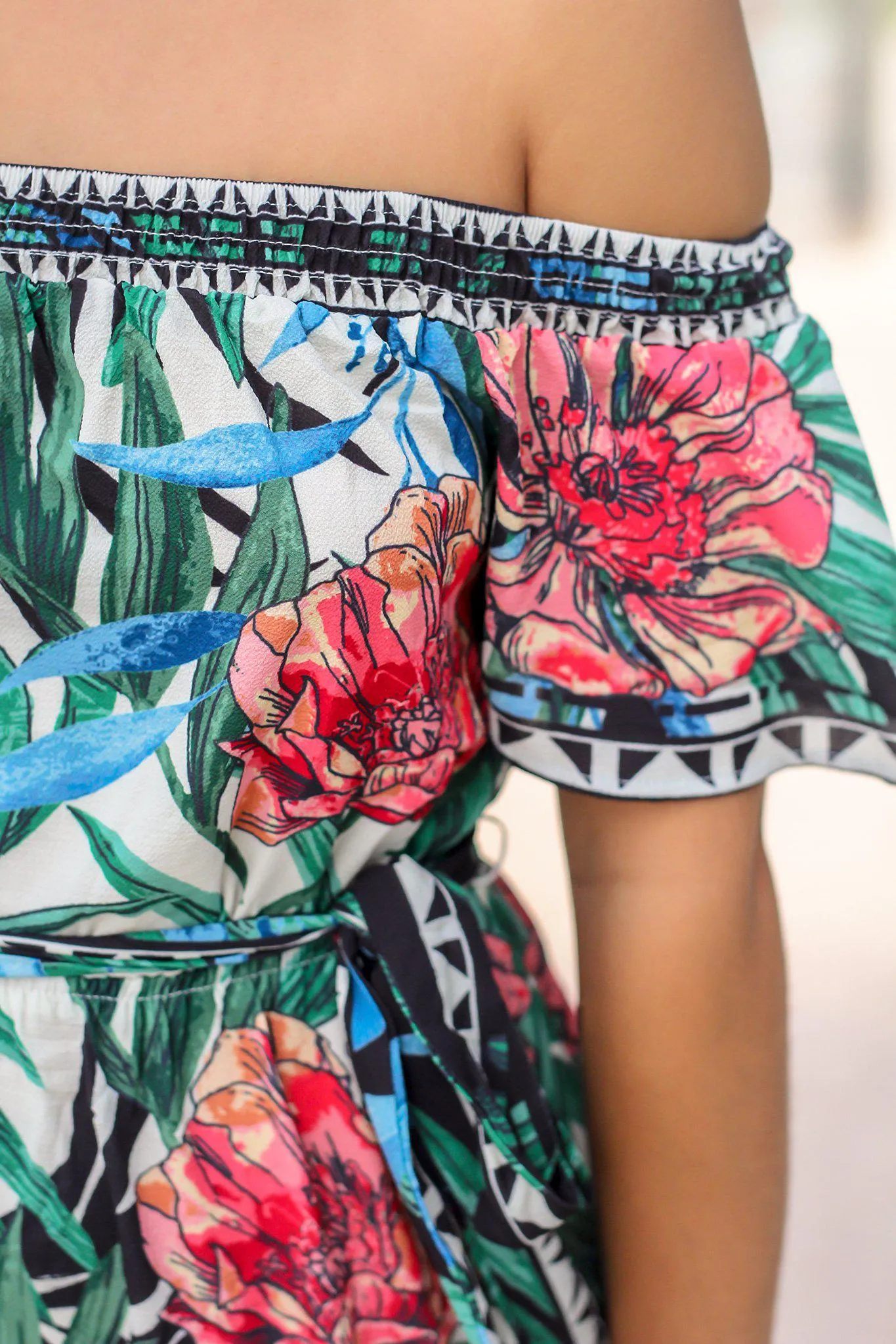 Ivory Printed Off Shoulder High Low Dress