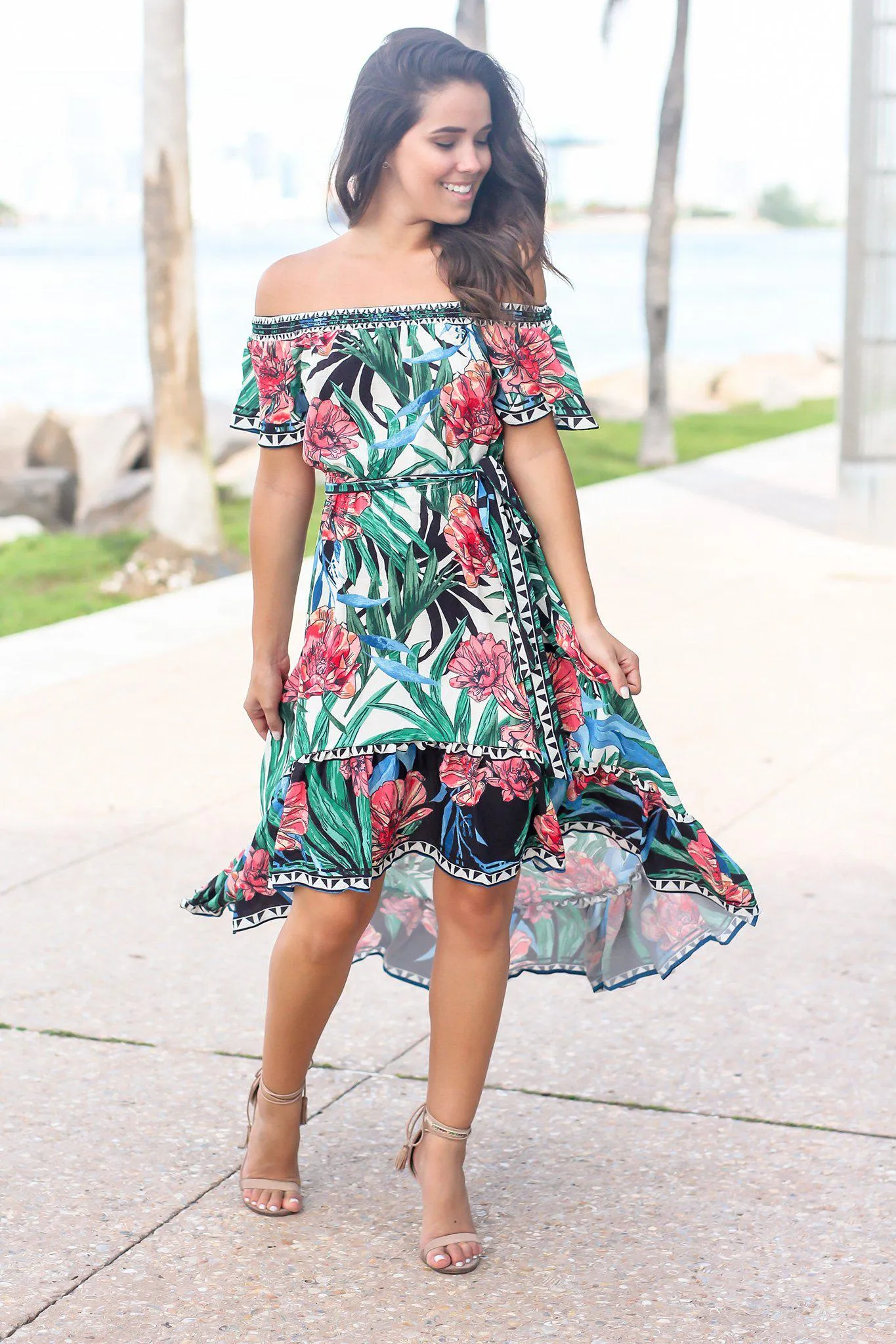 Ivory Printed Off Shoulder High Low Dress