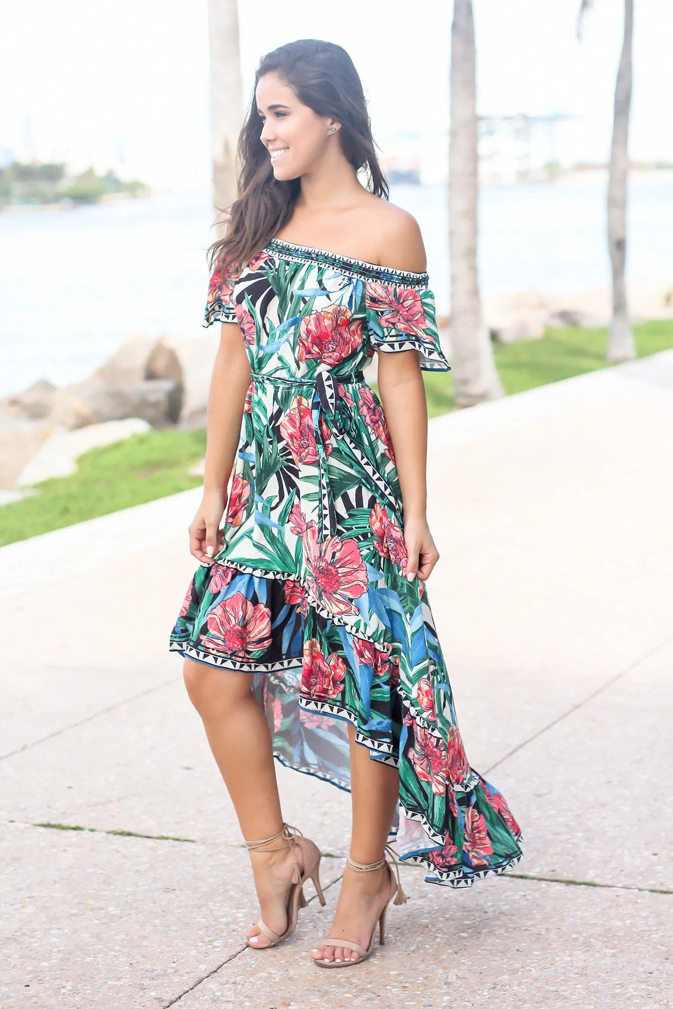 Ivory Printed Off Shoulder High Low Dress