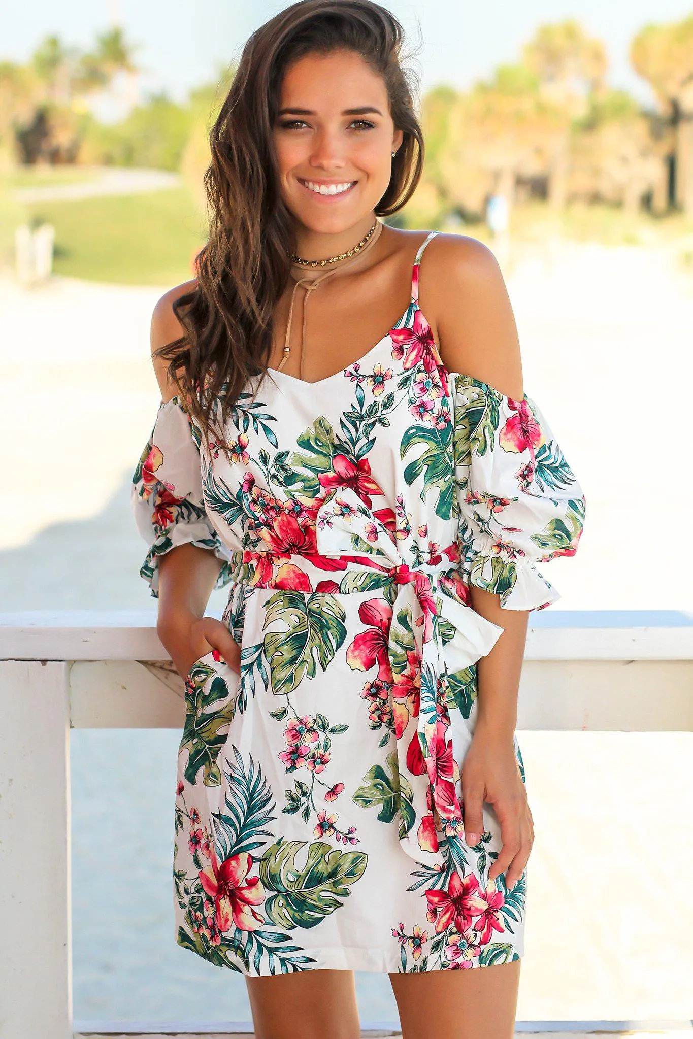 Ivory Tropical Cold Shoulder Short Dress
