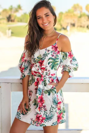 Ivory Tropical Cold Shoulder Short Dress