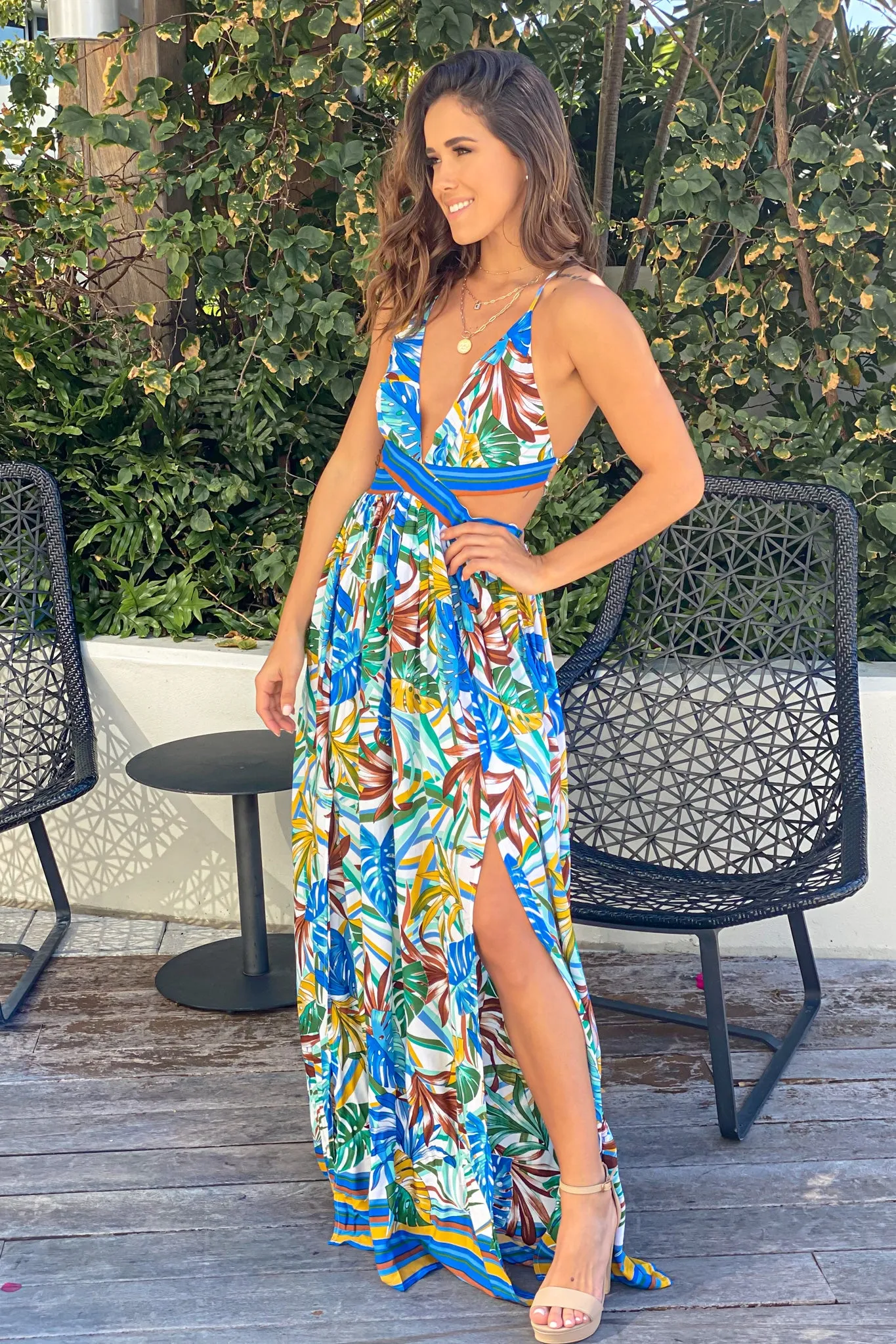 Ivory Tropical Maxi Dress With Cut Outs