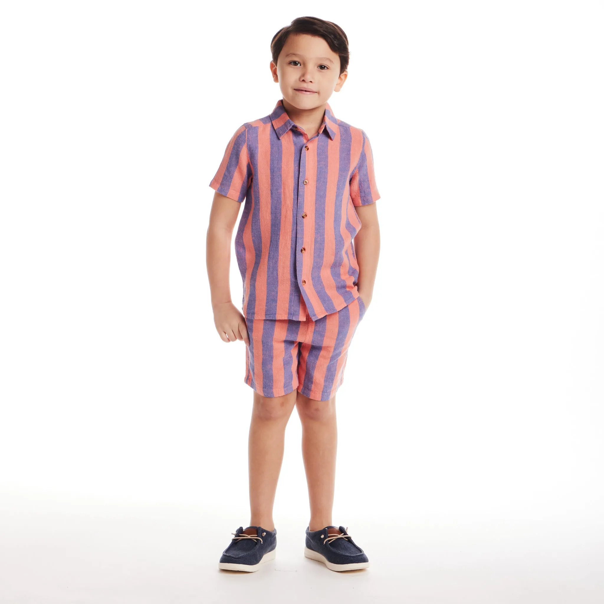 Kids (2-8) 2-Piece Striped Buttondown Set | Coral & Blue