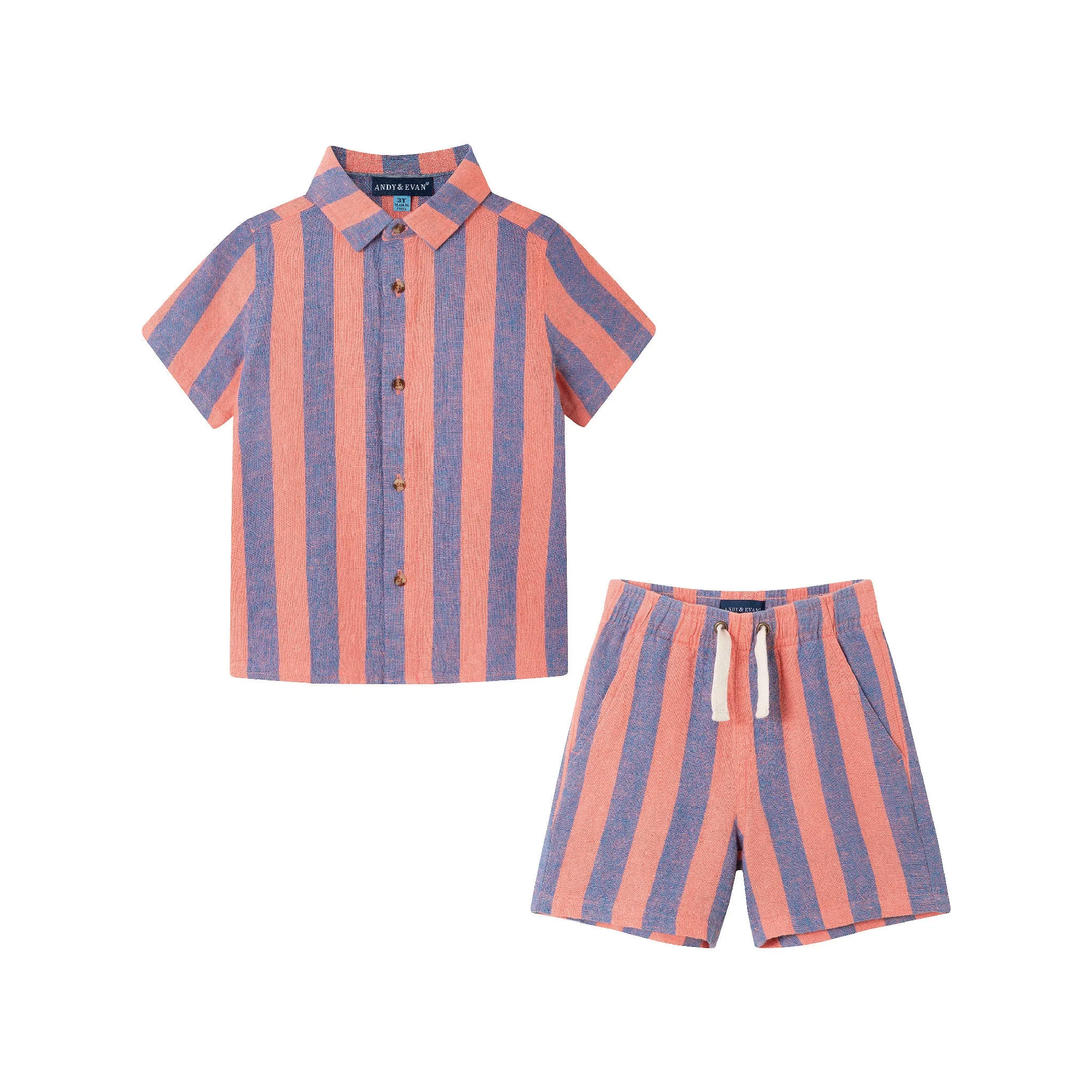 Kids (2-8) 2-Piece Striped Buttondown Set | Coral & Blue