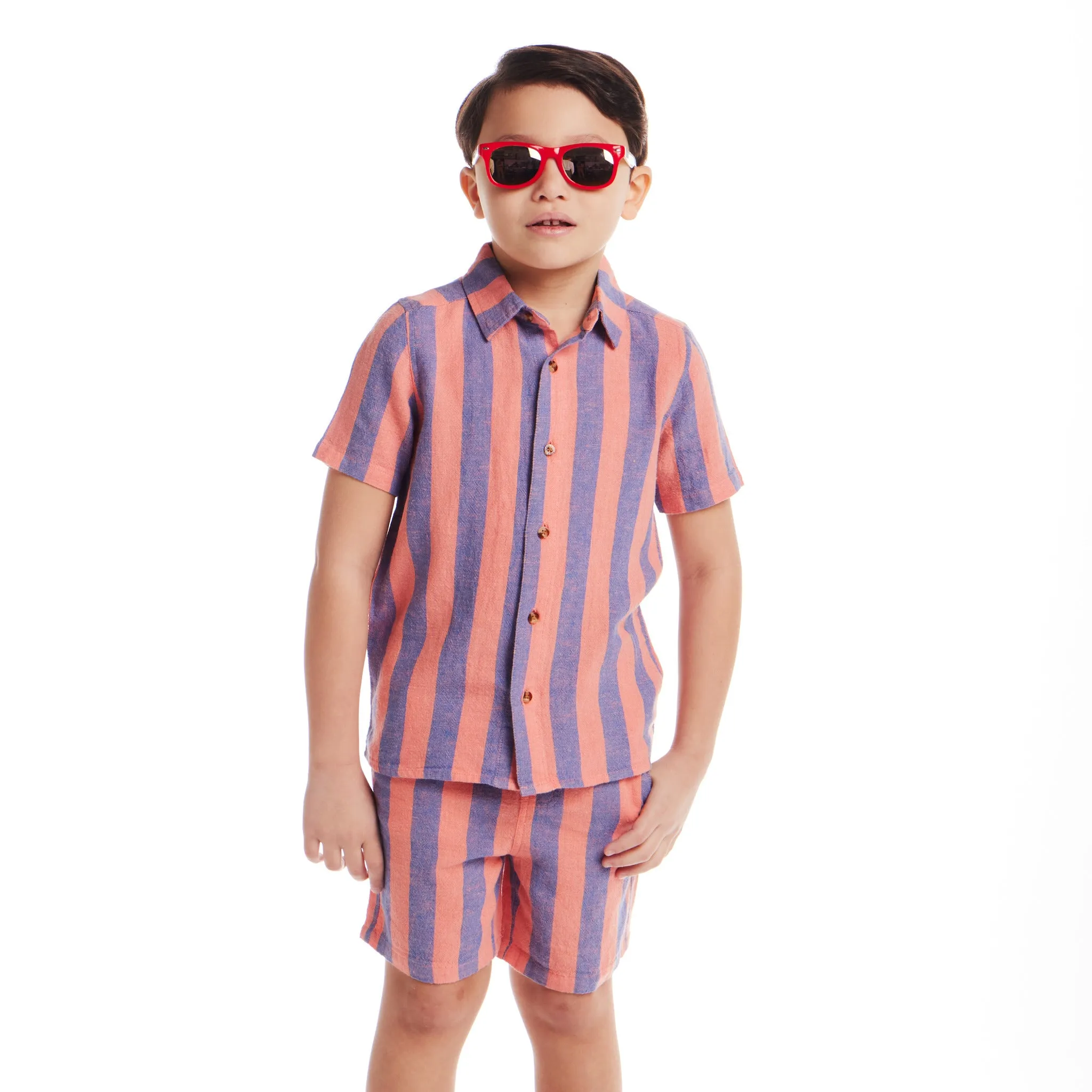 Kids (2-8) 2-Piece Striped Buttondown Set | Coral & Blue