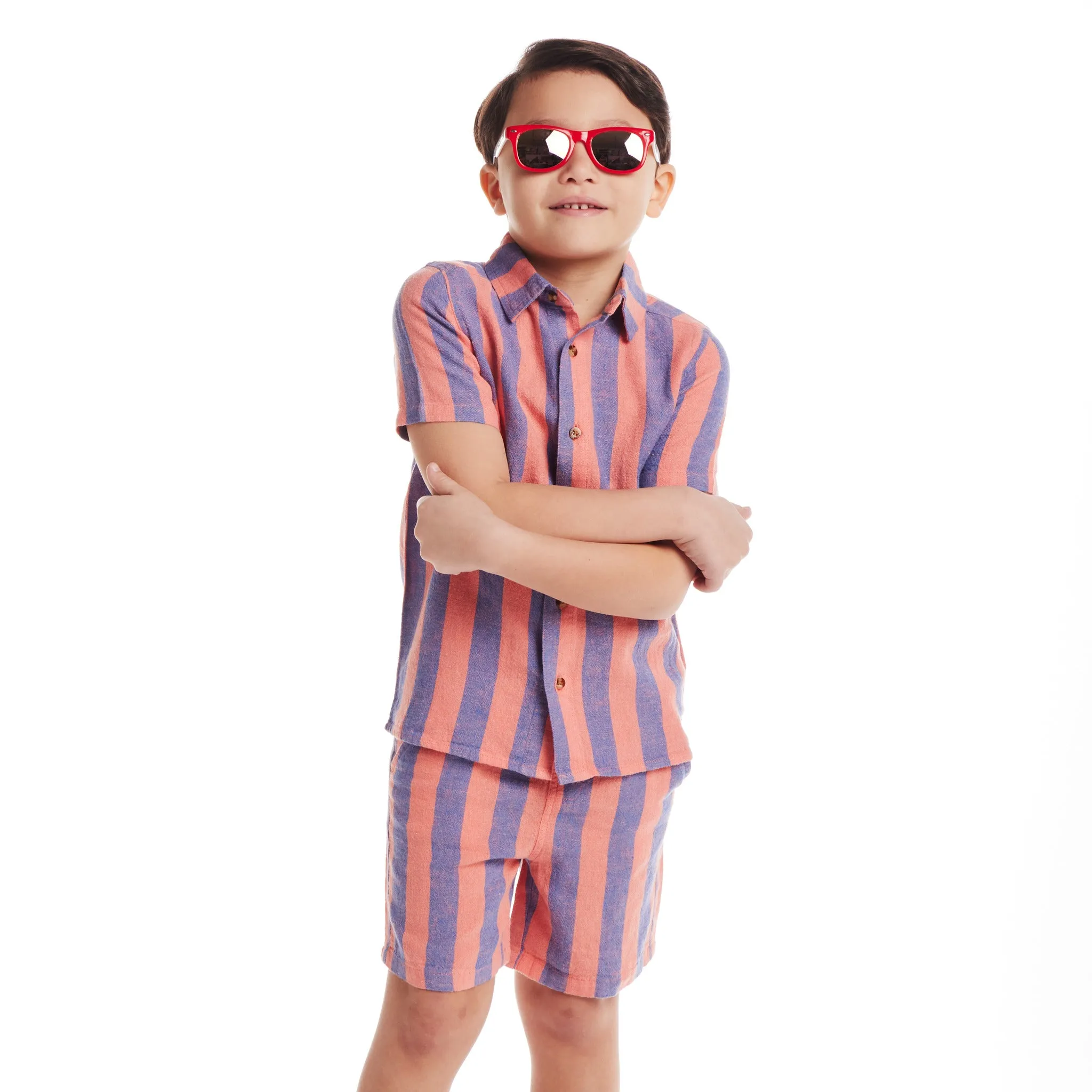 Kids (2-8) 2-Piece Striped Buttondown Set | Coral & Blue