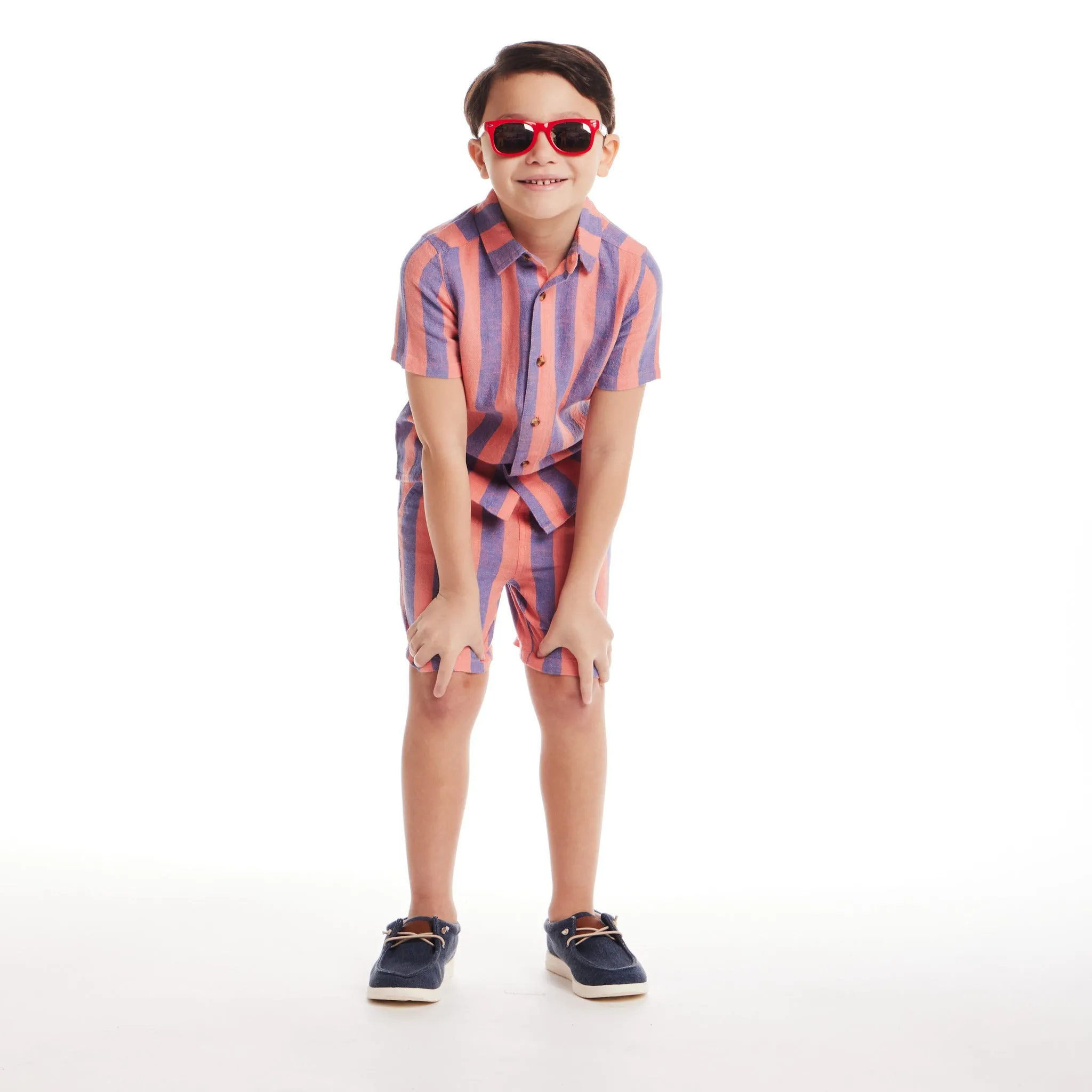 Kids (2-8) 2-Piece Striped Buttondown Set | Coral & Blue