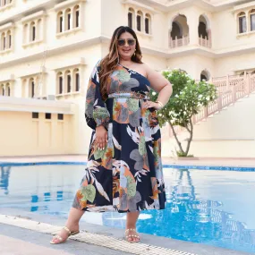 Leafy Medley Tropical Cotton One Shoulder Dress