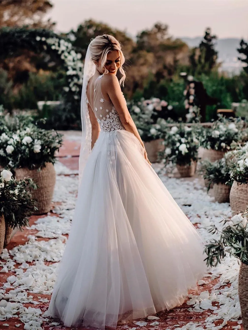 Marvelous V-neck A-line Wedding Dresses With Flowers Tulle Gowns WD255