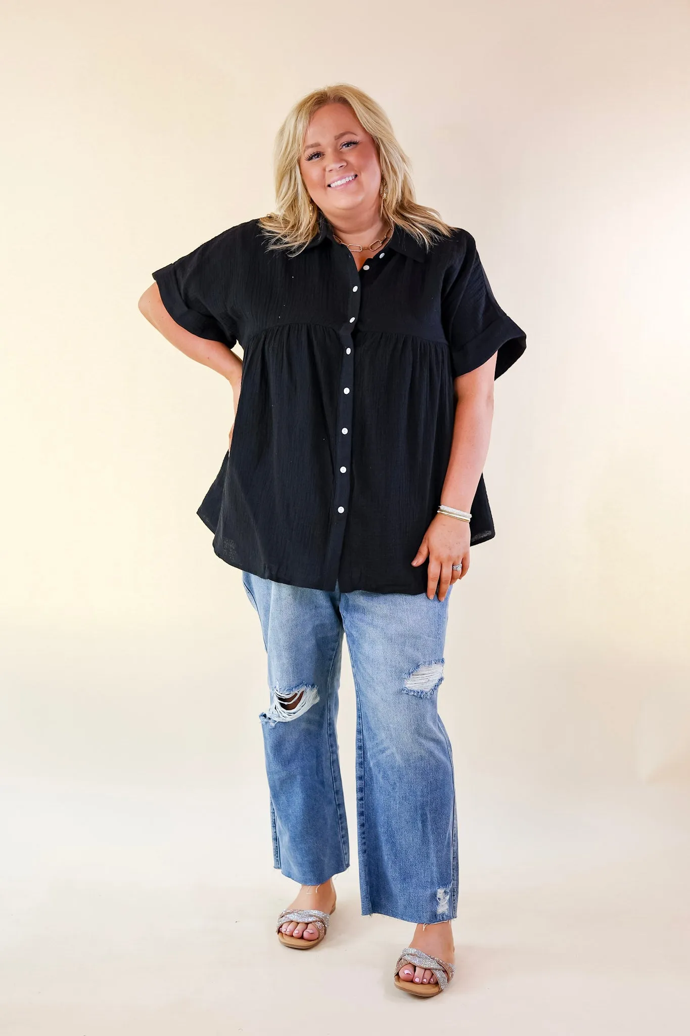 Mellow Mood Collared Button Up Babydoll Top in Black