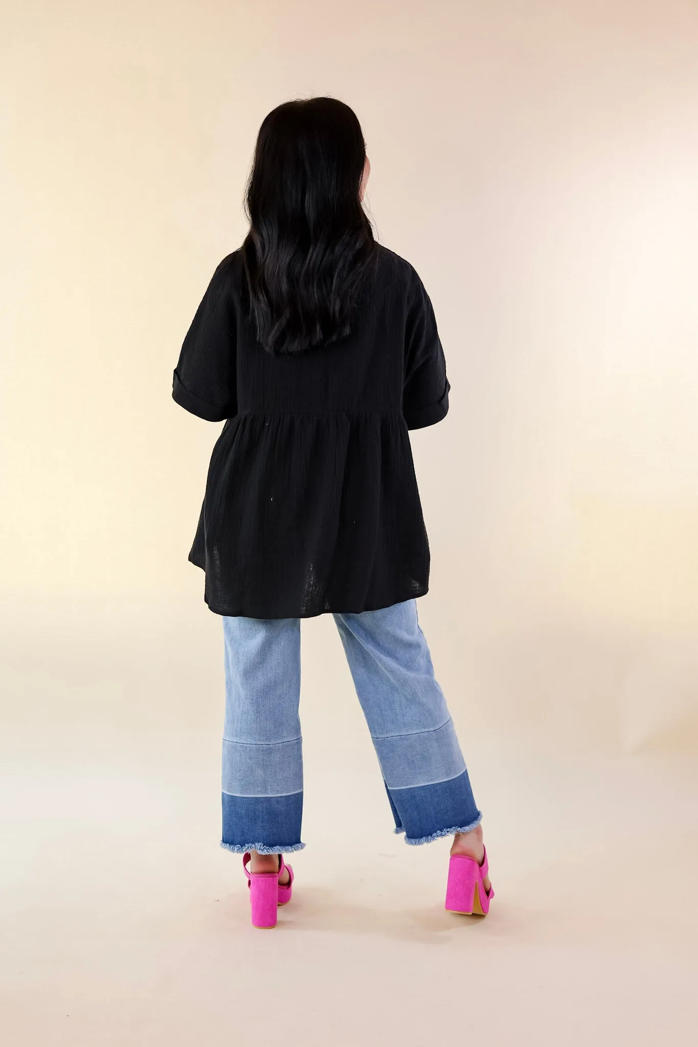 Mellow Mood Collared Button Up Babydoll Top in Black