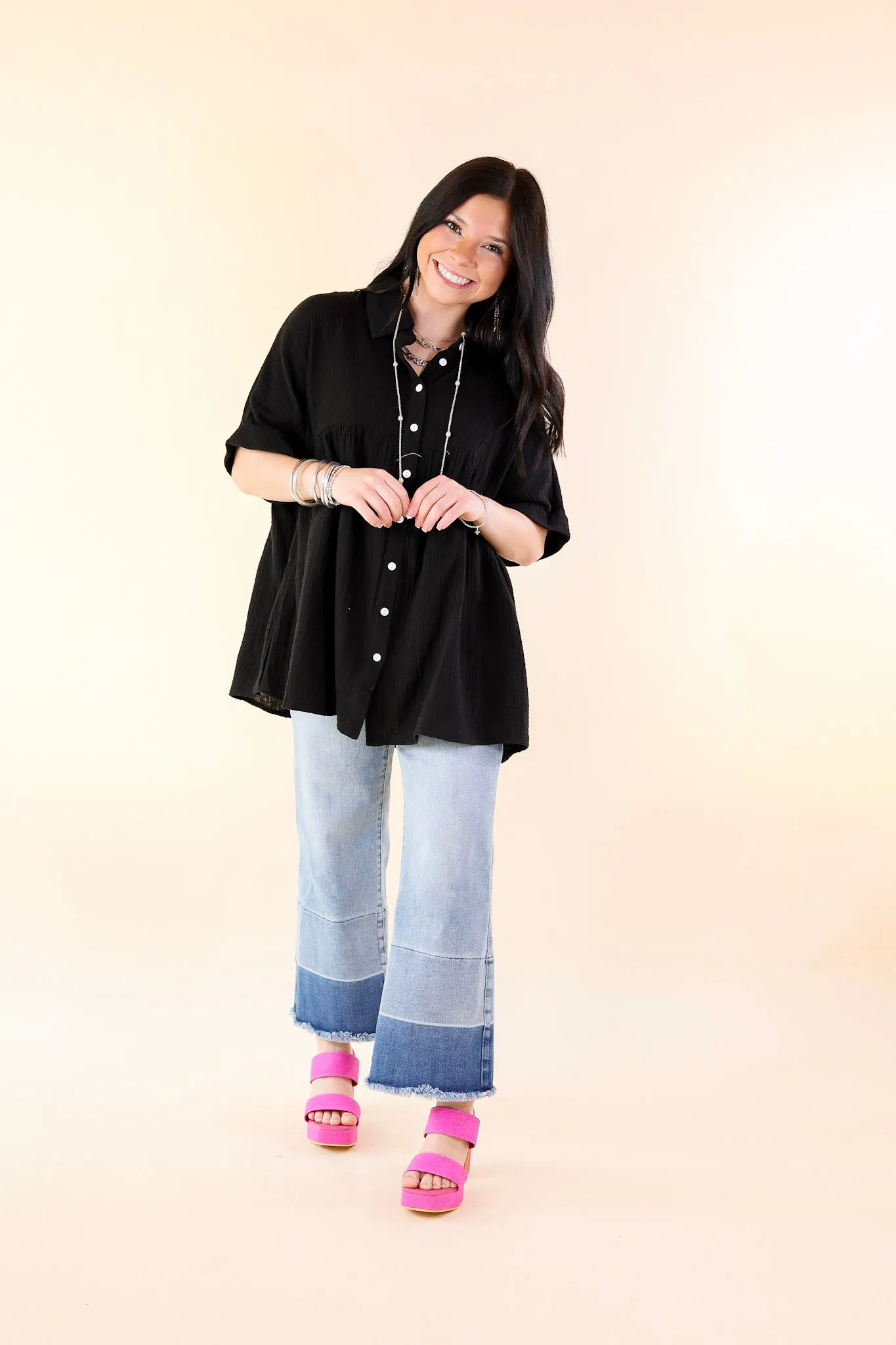 Mellow Mood Collared Button Up Babydoll Top in Black