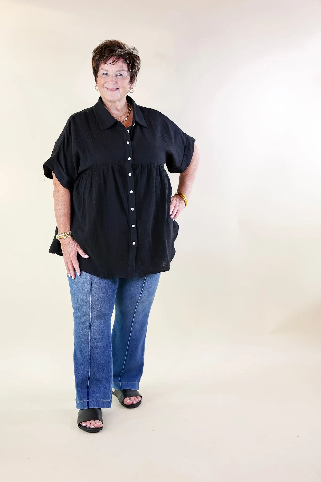 Mellow Mood Collared Button Up Babydoll Top in Black