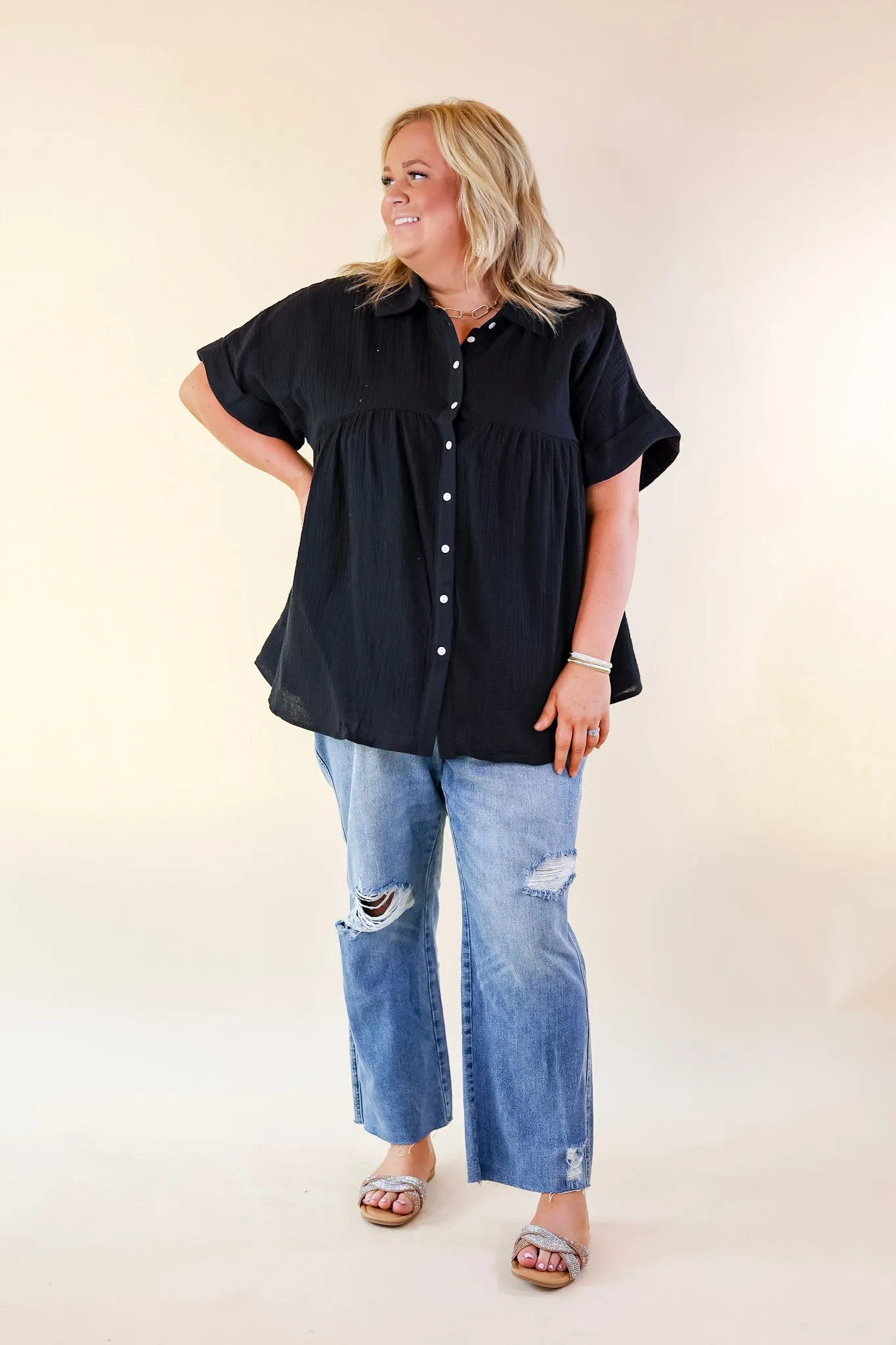 Mellow Mood Collared Button Up Babydoll Top in Black