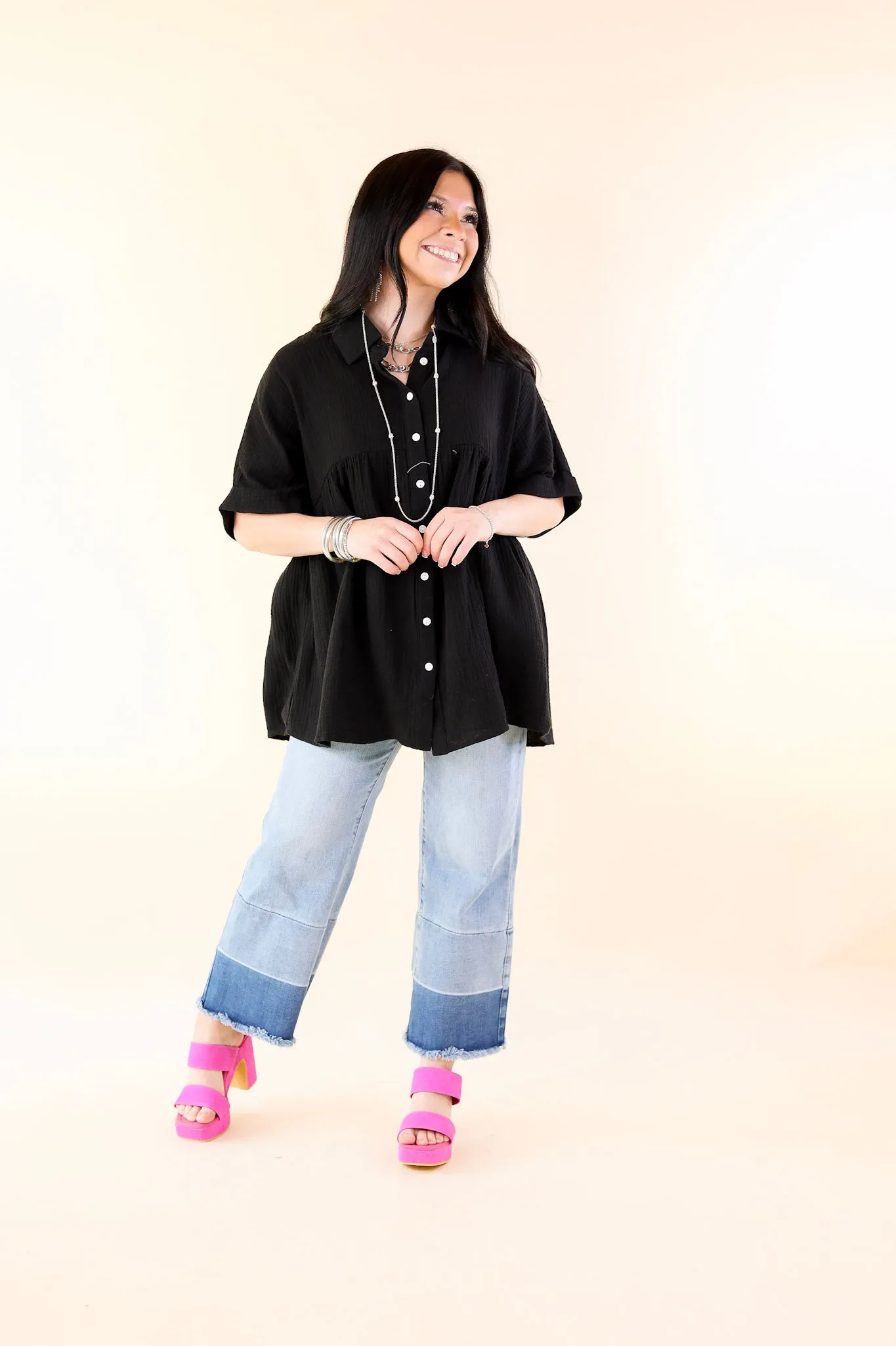 Mellow Mood Collared Button Up Babydoll Top in Black