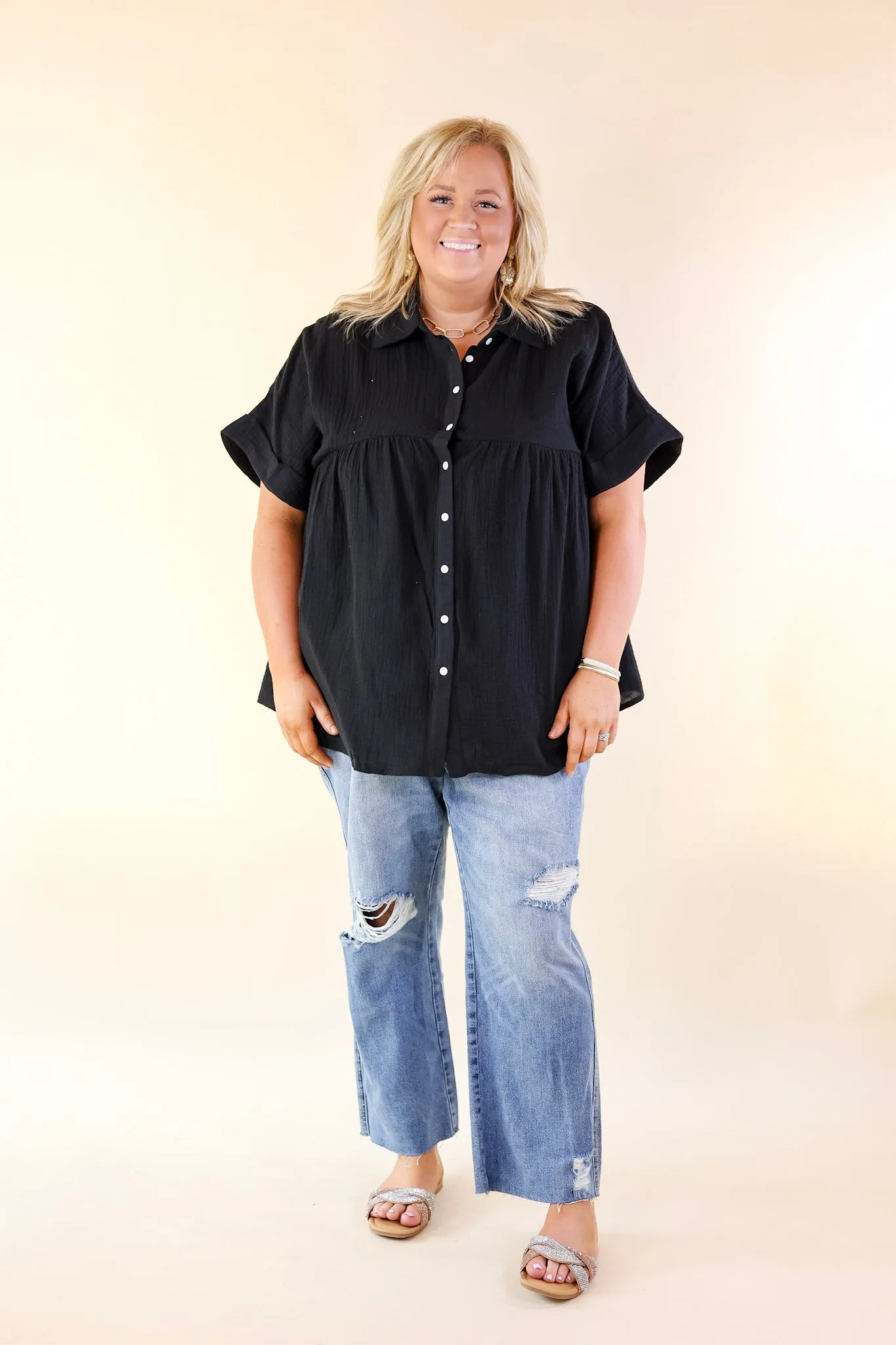 Mellow Mood Collared Button Up Babydoll Top in Black