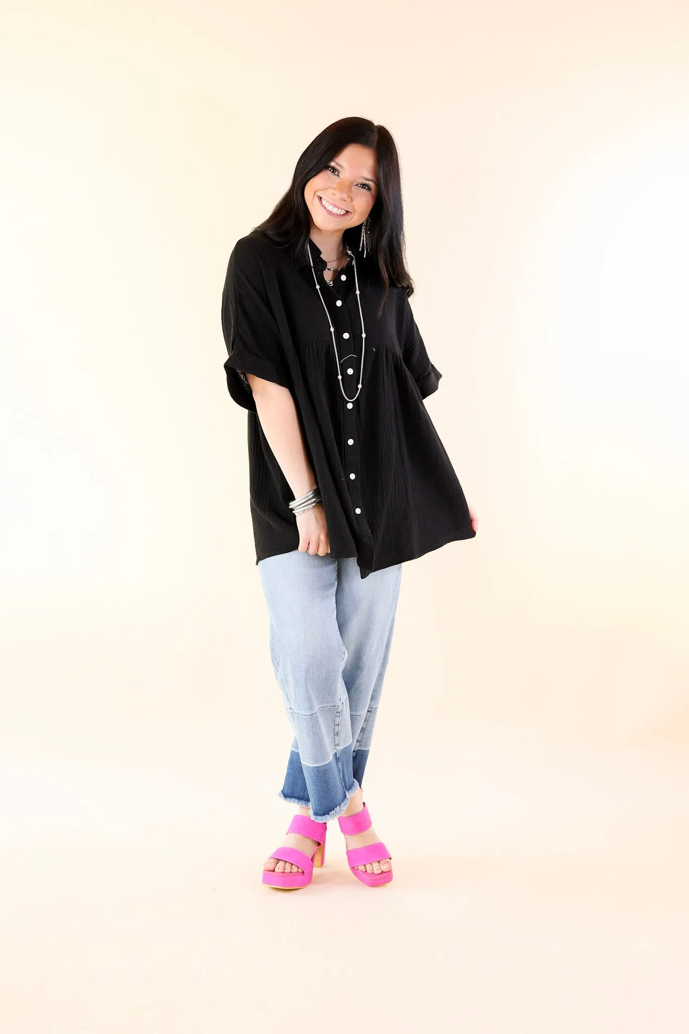 Mellow Mood Collared Button Up Babydoll Top in Black