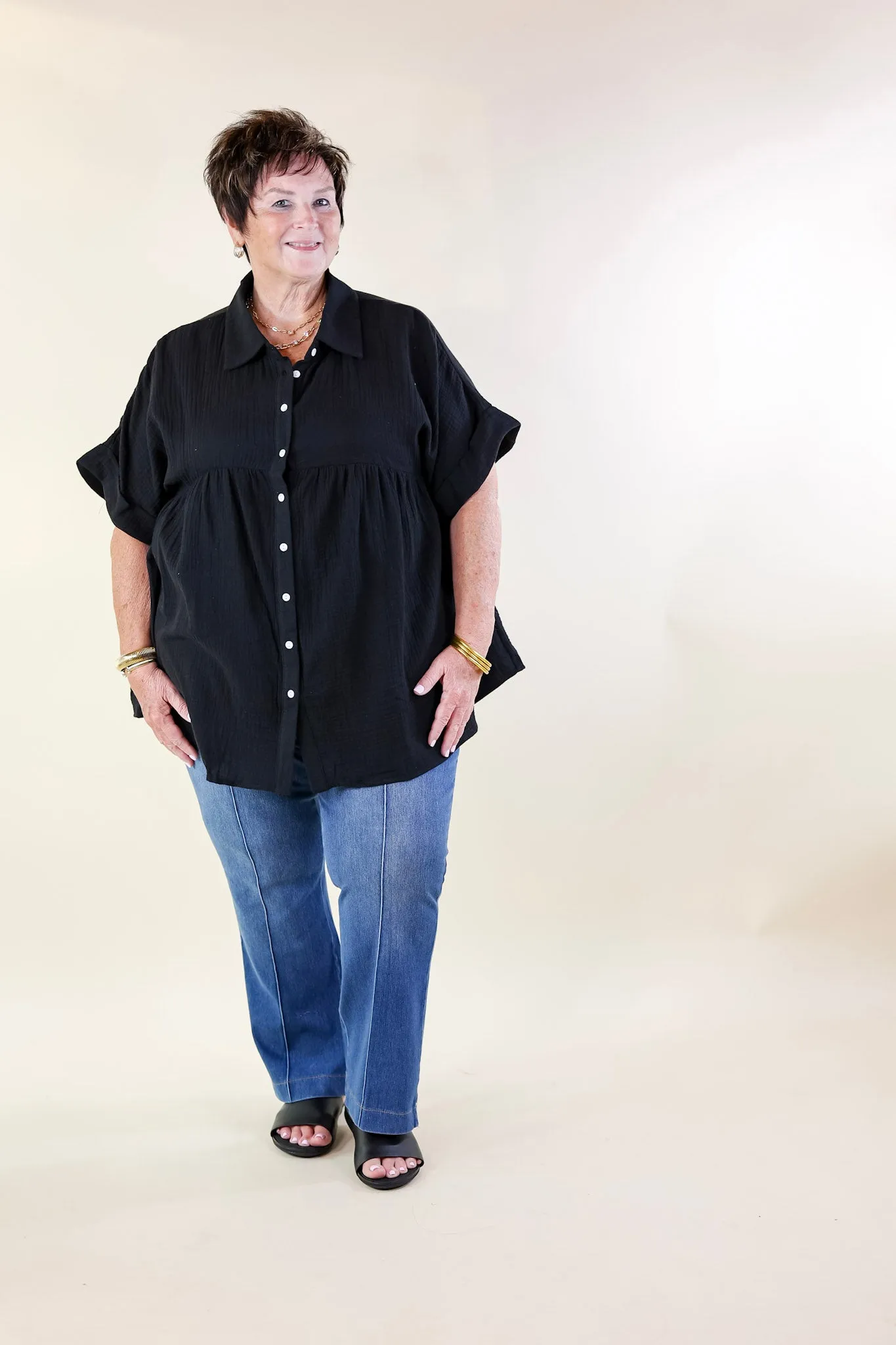 Mellow Mood Collared Button Up Babydoll Top in Black