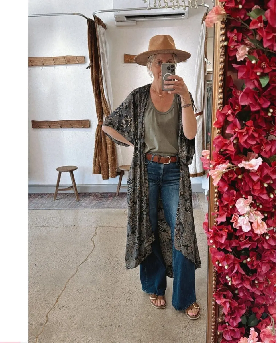 Metallic Gold Long Black Kimono