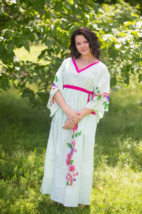 Mint Breezy Bohemian Style Caftan in Swirly Floral Vine Pattern