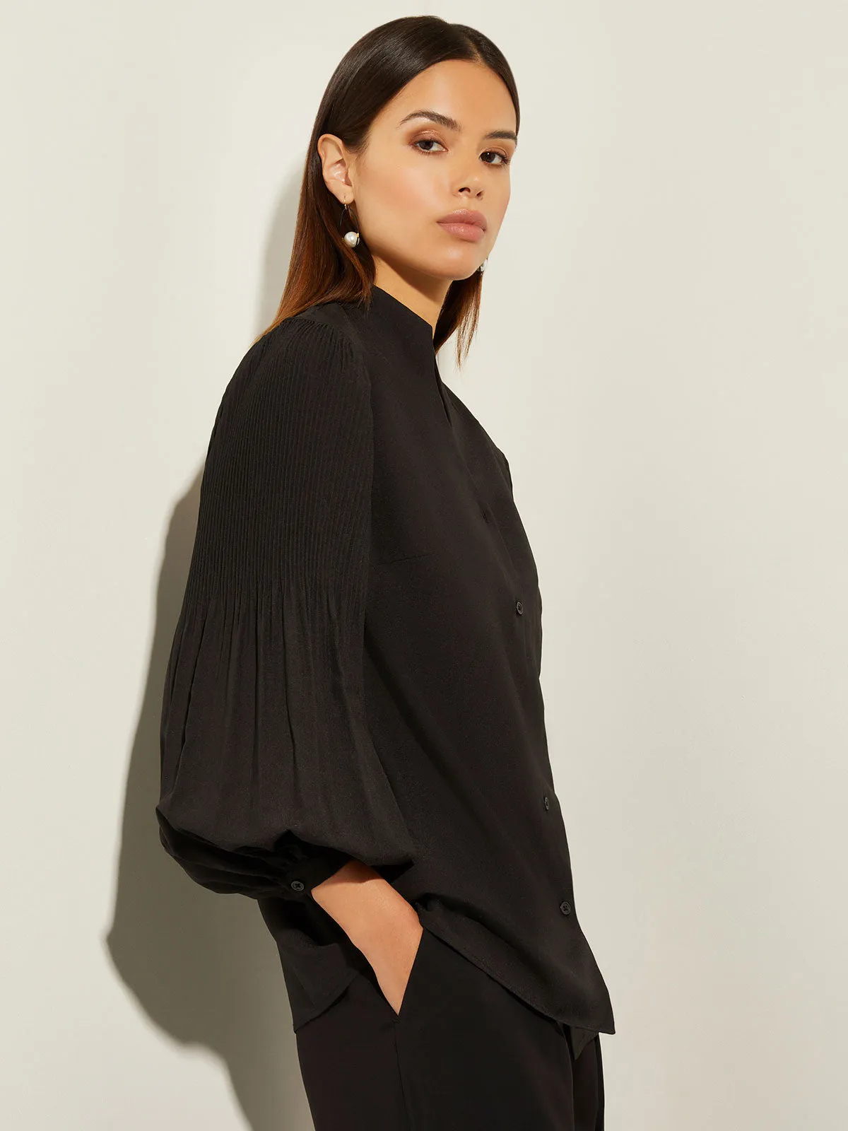 Pleated Bishop Sleeve Stretch Crepe Blouse