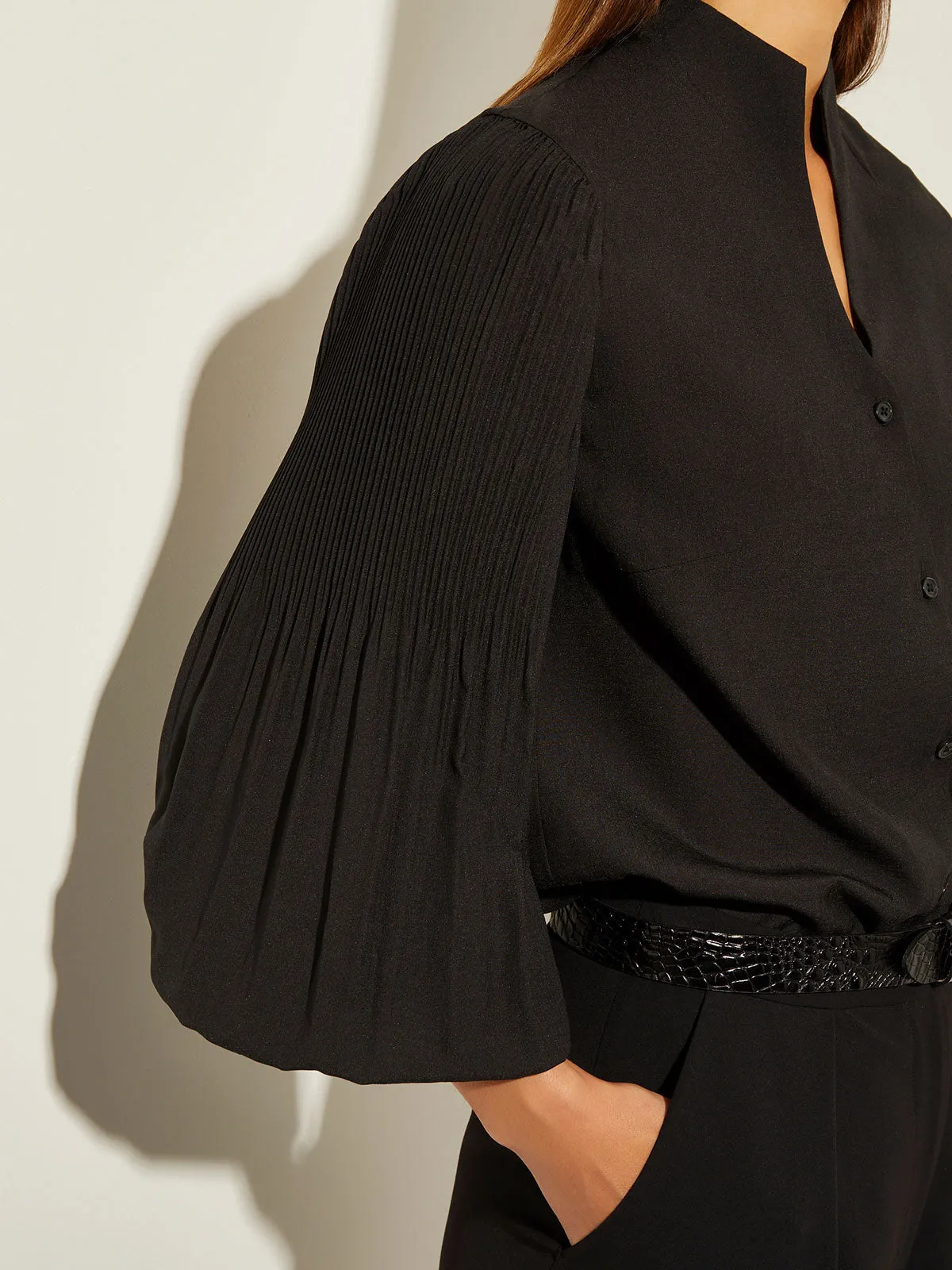 Pleated Bishop Sleeve Stretch Crepe Blouse