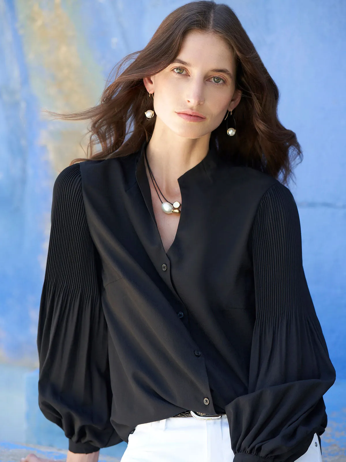 Pleated Bishop Sleeve Stretch Crepe Blouse