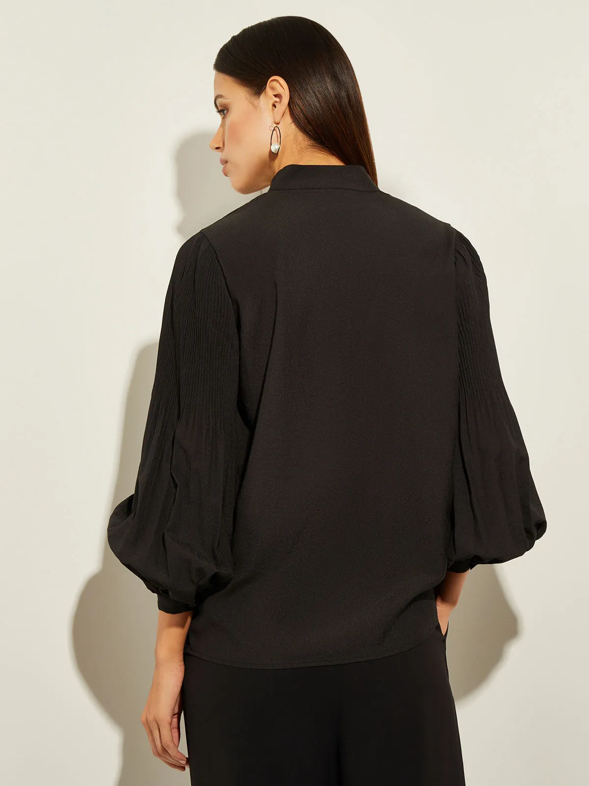Pleated Bishop Sleeve Stretch Crepe Blouse